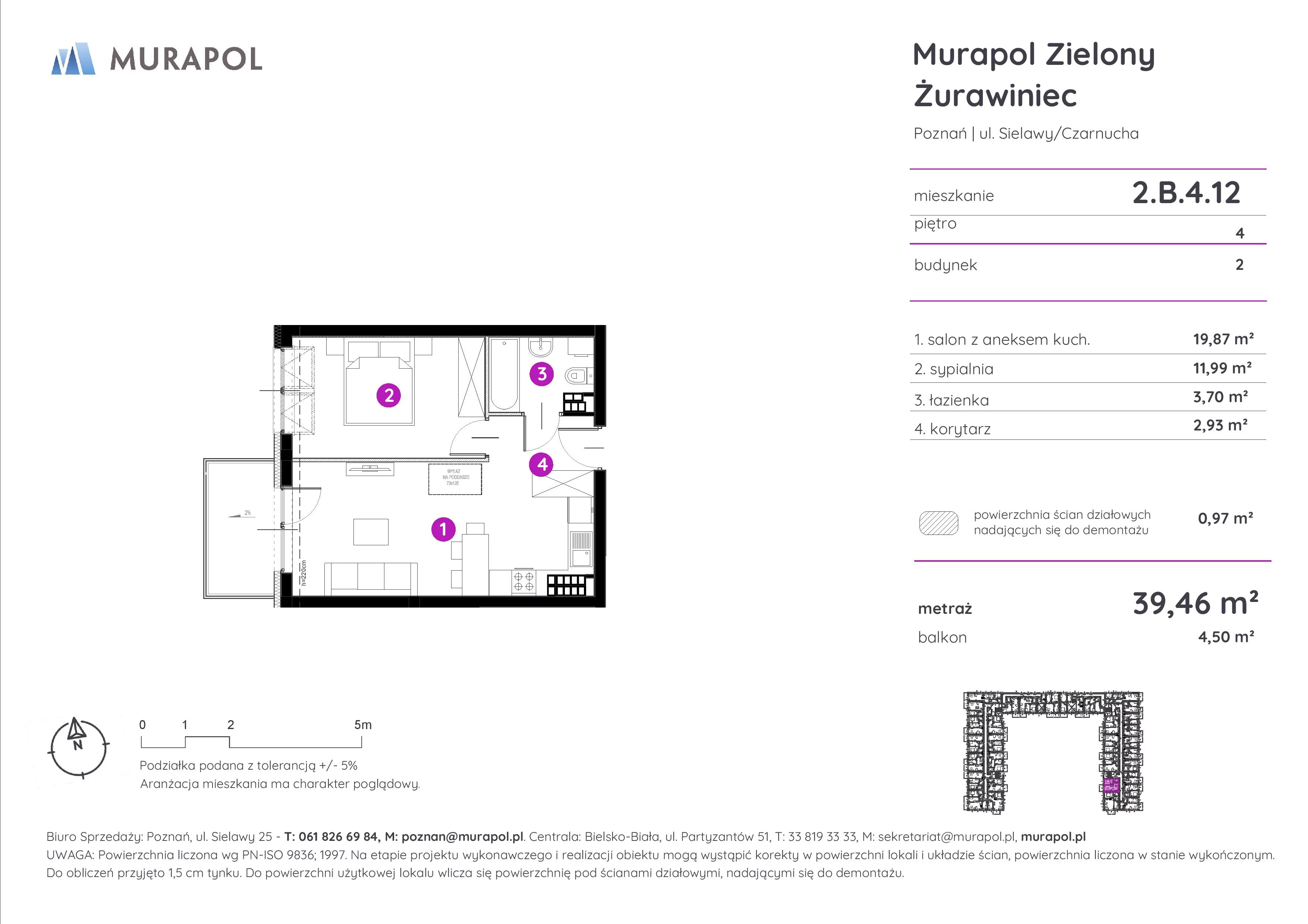 Mieszkanie 39,46 m², piętro 4, oferta nr 2.B.4.12, Murapol Zielony Żurawiniec, Poznań, Naramowice, ul. Sielawy