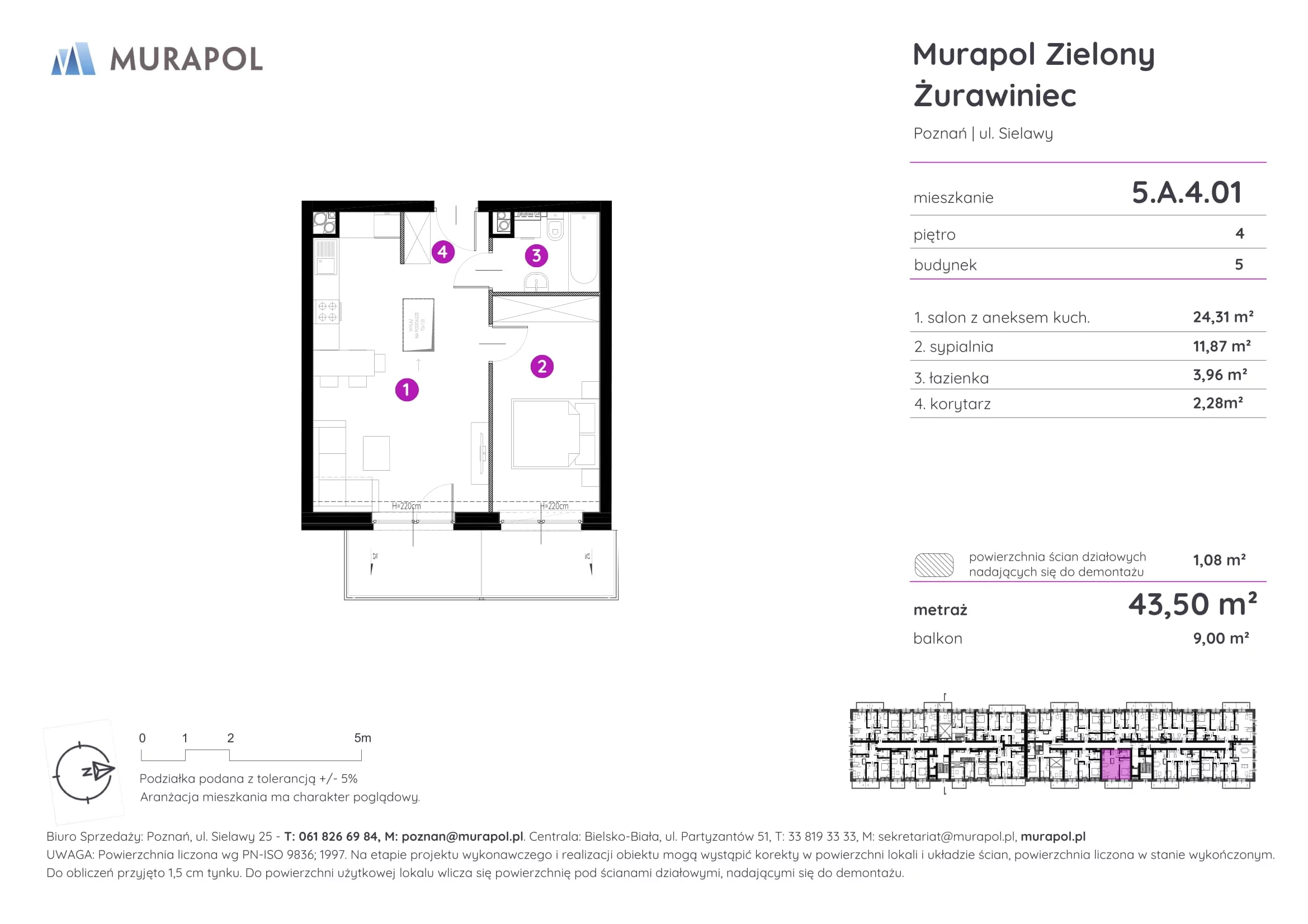 Mieszkanie 43,71 m², piętro 4, oferta nr 5.A.4.01, Murapol Zielony Żurawiniec - Gotowe mieszkania, Poznań, Naramowice, ul. Sielawy