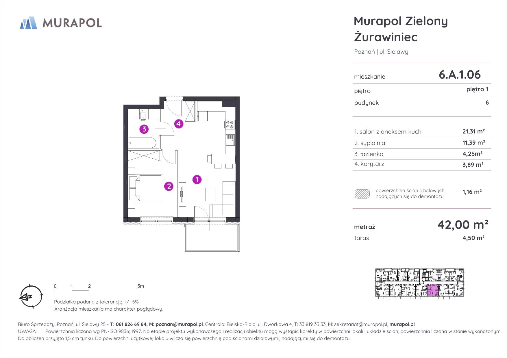 Mieszkanie 42,00 m², piętro 1, oferta nr 6.A.1.06, Murapol Zielony Żurawiniec, Poznań, Naramowice, ul. Sielawy