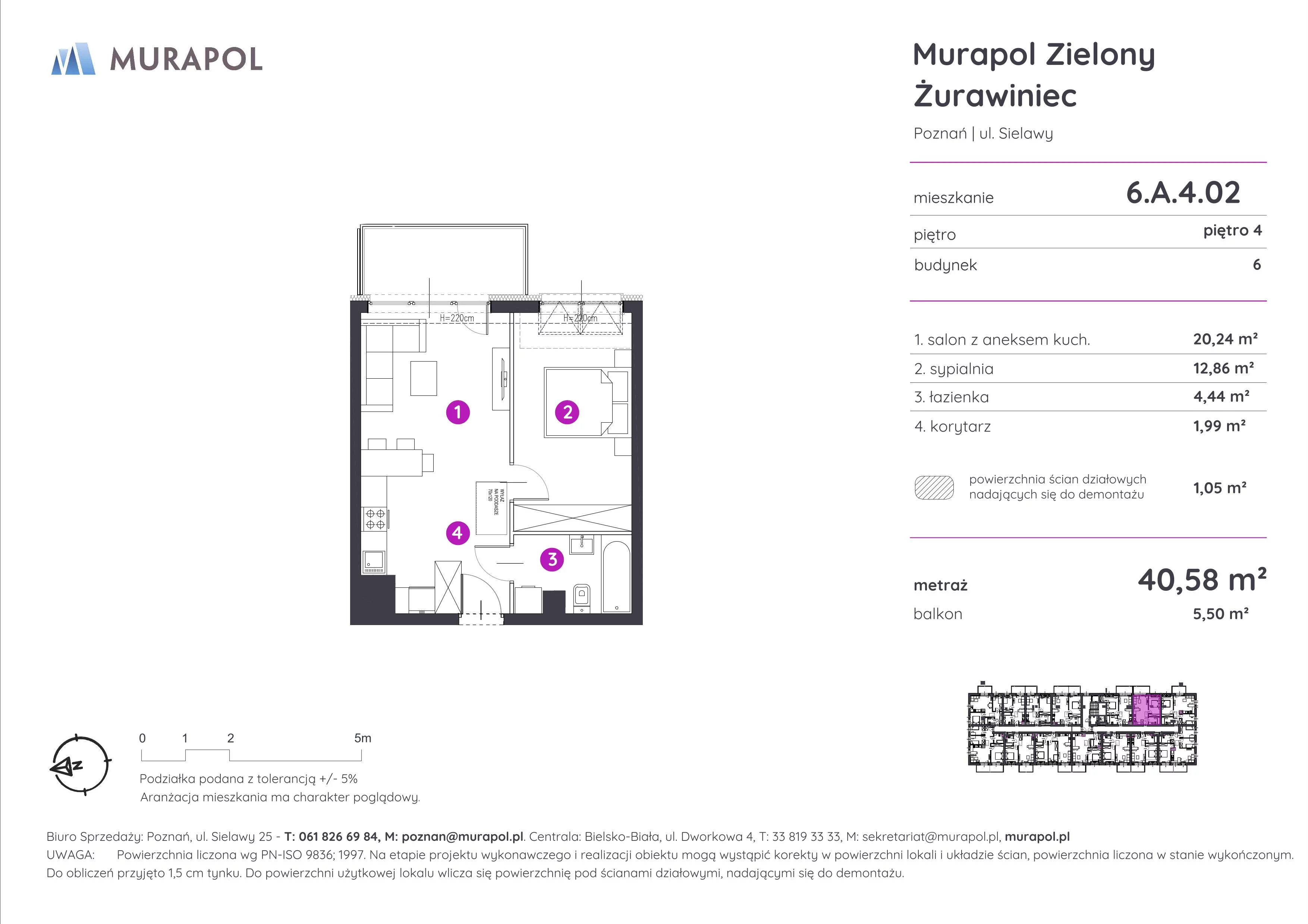 Mieszkanie 40,58 m², piętro 4, oferta nr 6.A.4.02, Murapol Zielony Żurawiniec, Poznań, Naramowice, ul. Sielawy