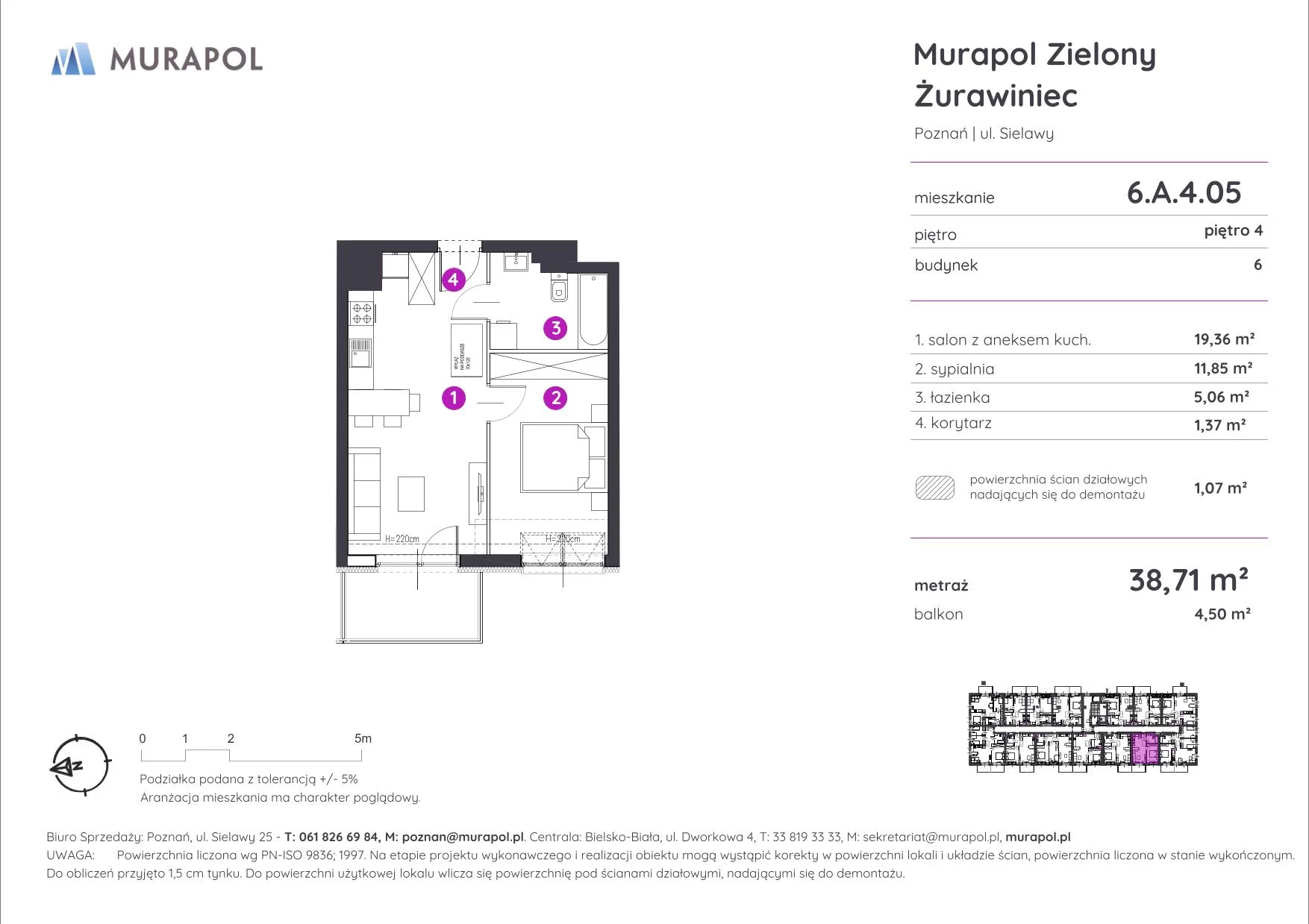 Mieszkanie 38,71 m², piętro 4, oferta nr 6.A.4.05, Murapol Zielony Żurawiniec, Poznań, Naramowice, ul. Sielawy