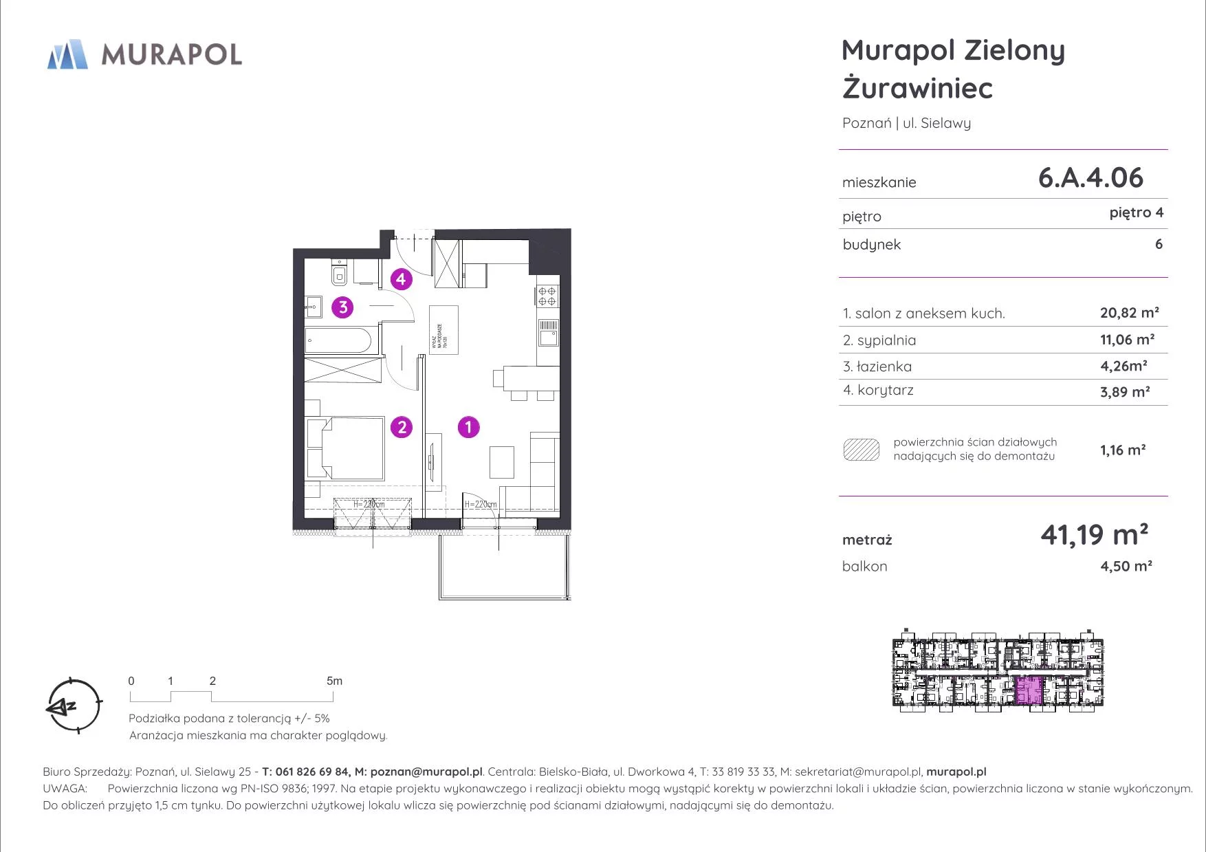 Mieszkanie 41,19 m², piętro 4, oferta nr 6.A.4.06, Murapol Zielony Żurawiniec, Poznań, Naramowice, ul. Sielawy