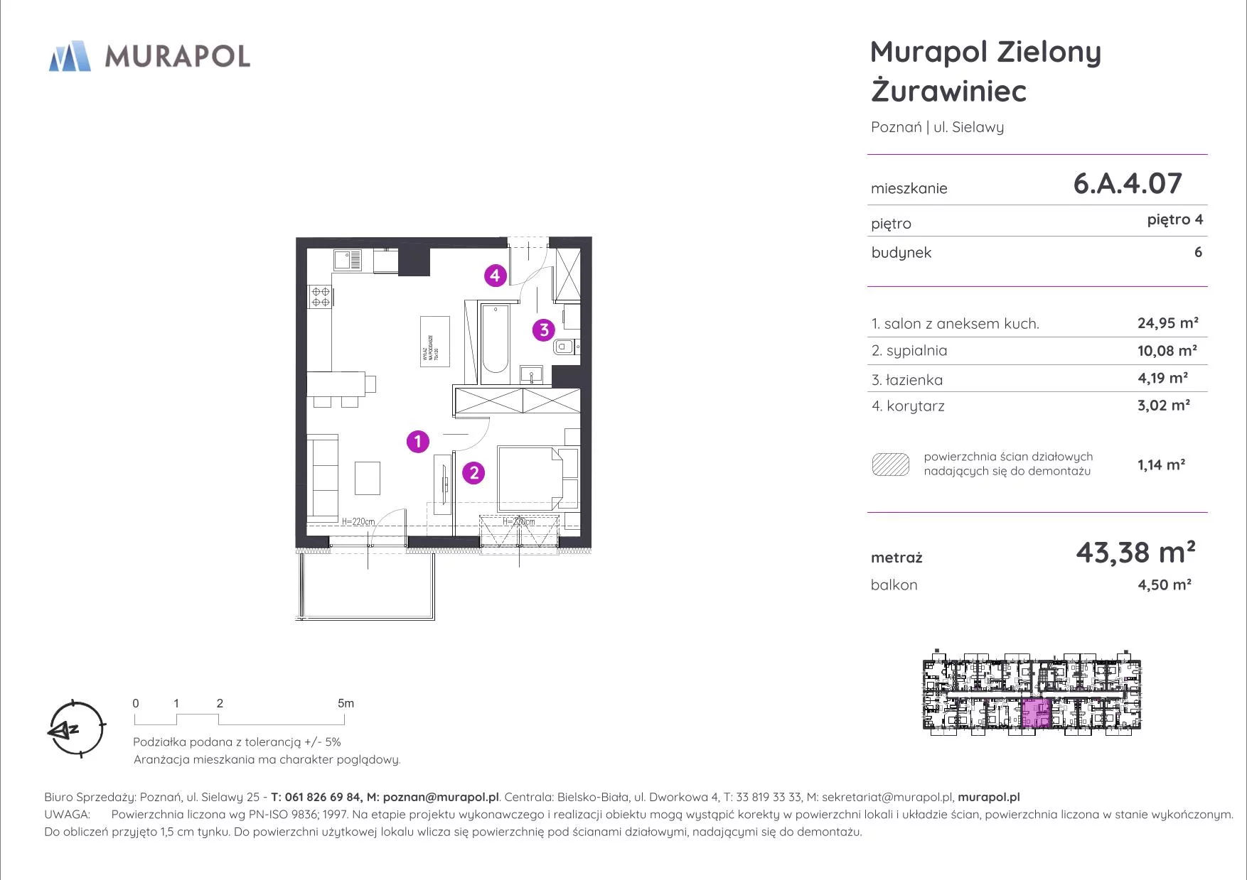 Mieszkanie 43,38 m², piętro 4, oferta nr 6.A.4.07, Murapol Zielony Żurawiniec, Poznań, Naramowice, ul. Sielawy