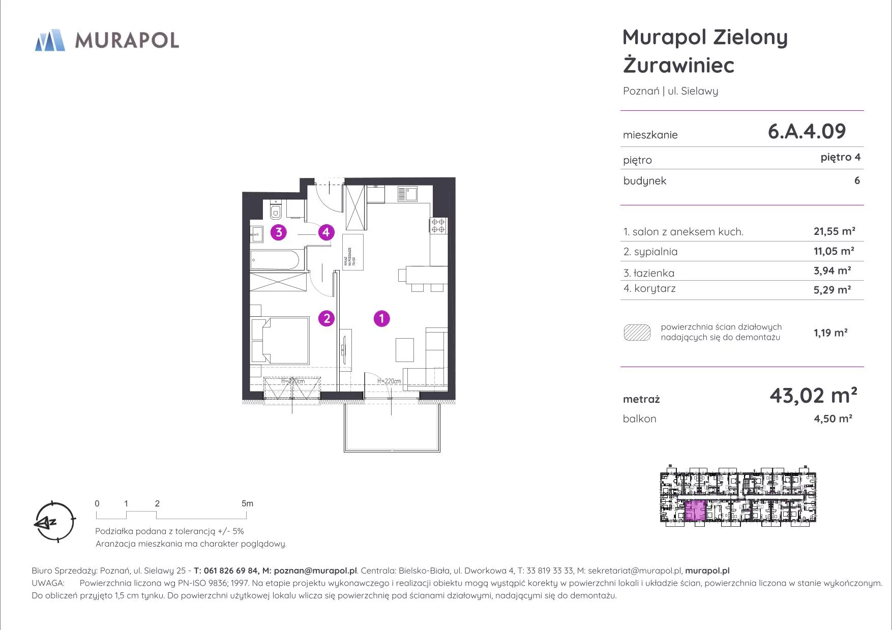 Mieszkanie 43,02 m², piętro 4, oferta nr 6.A.4.09, Murapol Zielony Żurawiniec, Poznań, Naramowice, ul. Sielawy