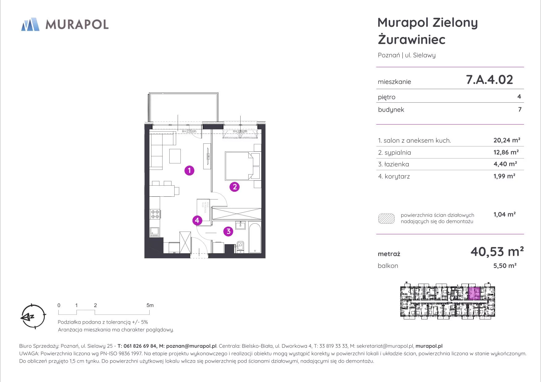 Mieszkanie 40,53 m², piętro 4, oferta nr 7.A.4.02, Murapol Zielony Żurawiniec, Poznań, Naramowice, ul. Sielawy