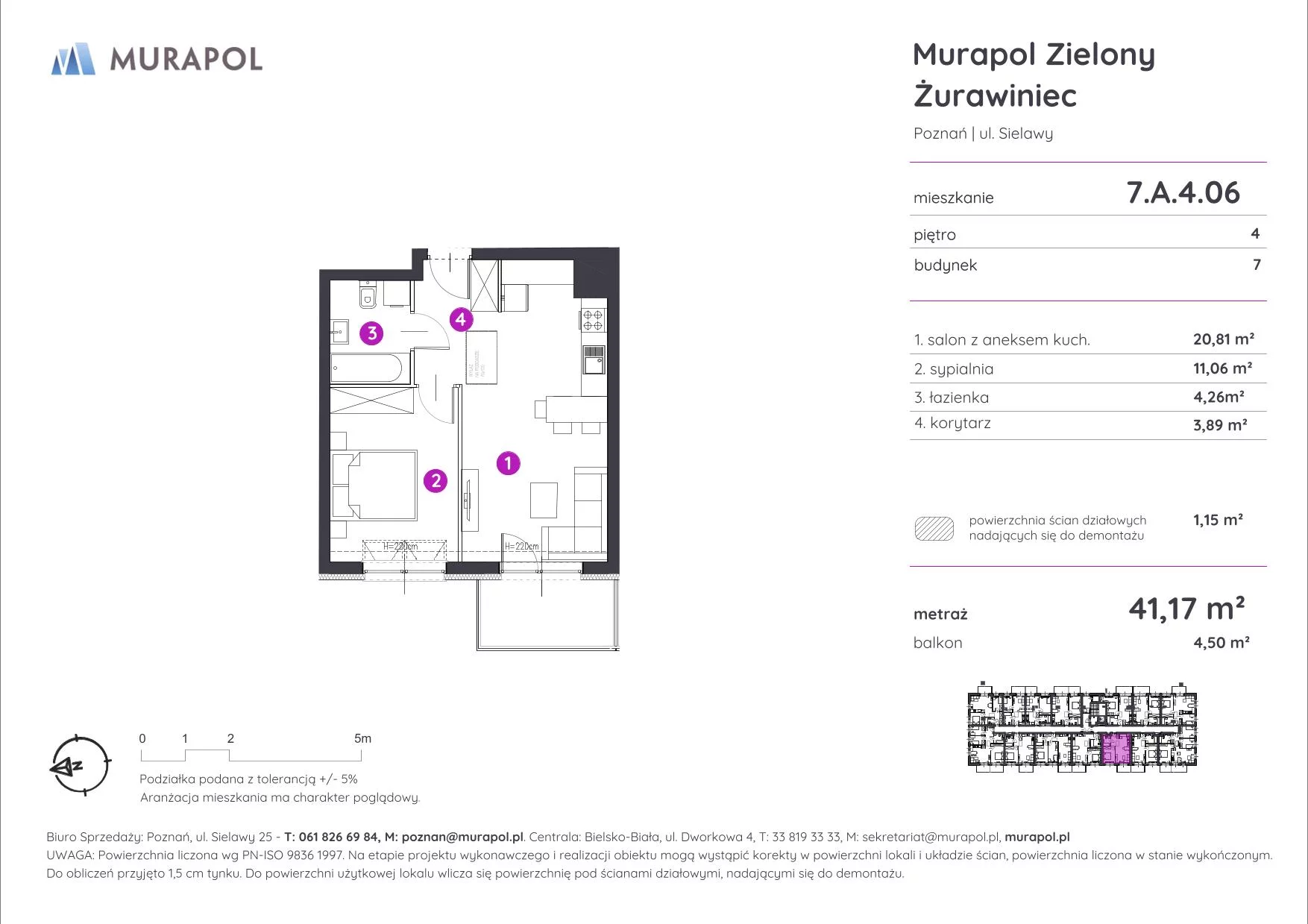 Mieszkanie 41,17 m², piętro 4, oferta nr 7.A.4.06, Murapol Zielony Żurawiniec, Poznań, Naramowice, ul. Sielawy