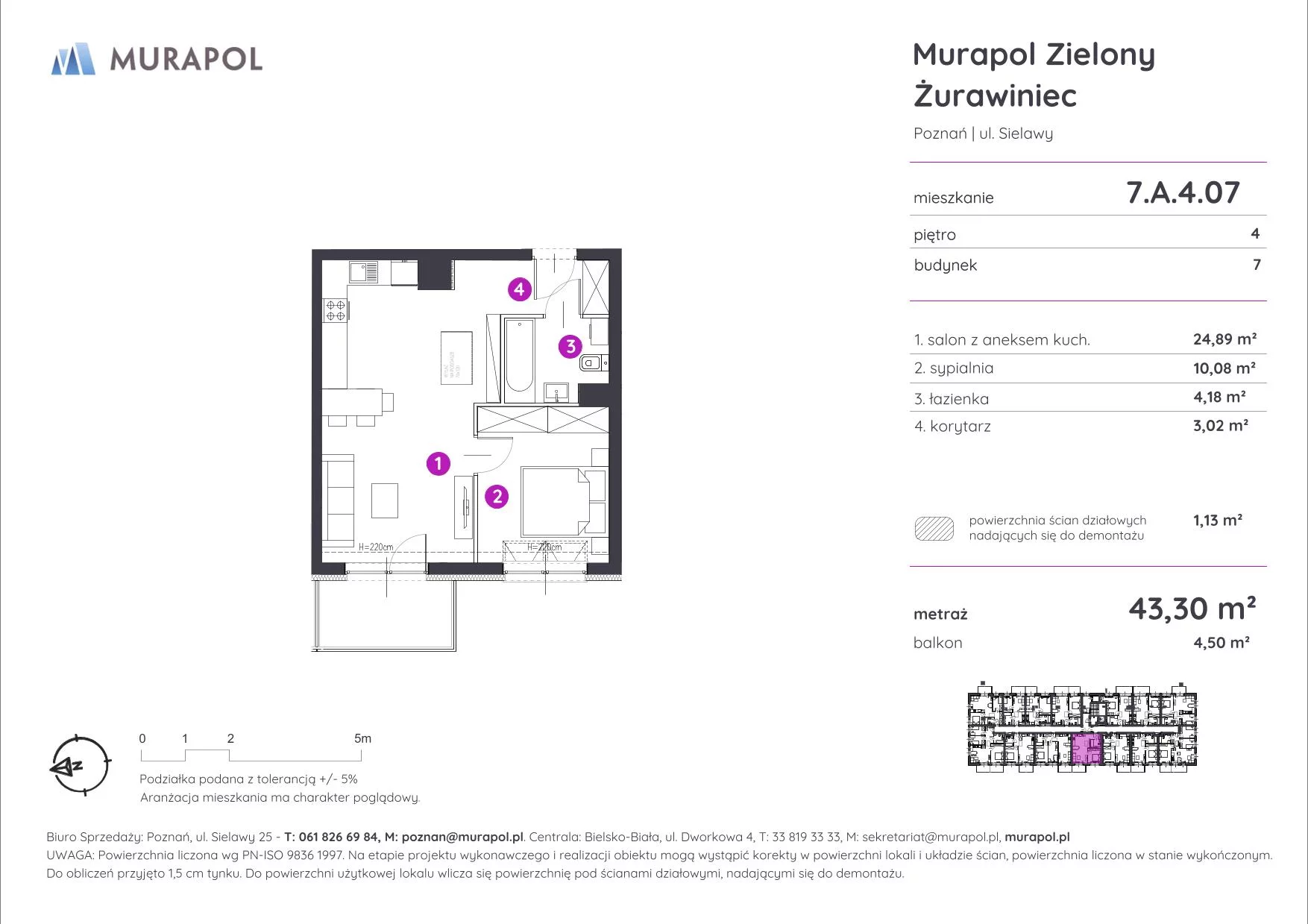 Mieszkanie 43,30 m², piętro 4, oferta nr 7.A.4.07, Murapol Zielony Żurawiniec, Poznań, Naramowice, ul. Sielawy