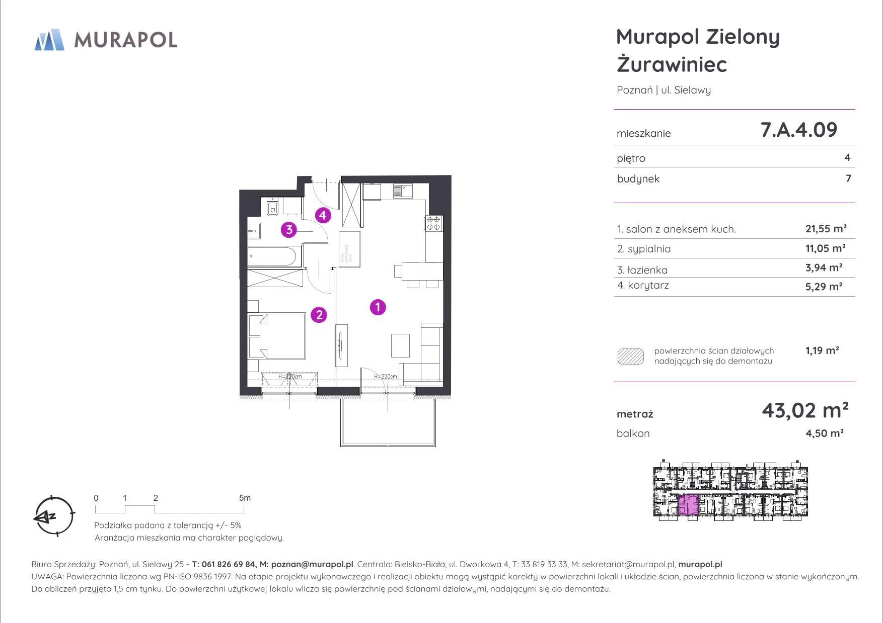 Mieszkanie 43,02 m², piętro 4, oferta nr 7.A.4.09, Murapol Zielony Żurawiniec, Poznań, Naramowice, ul. Sielawy