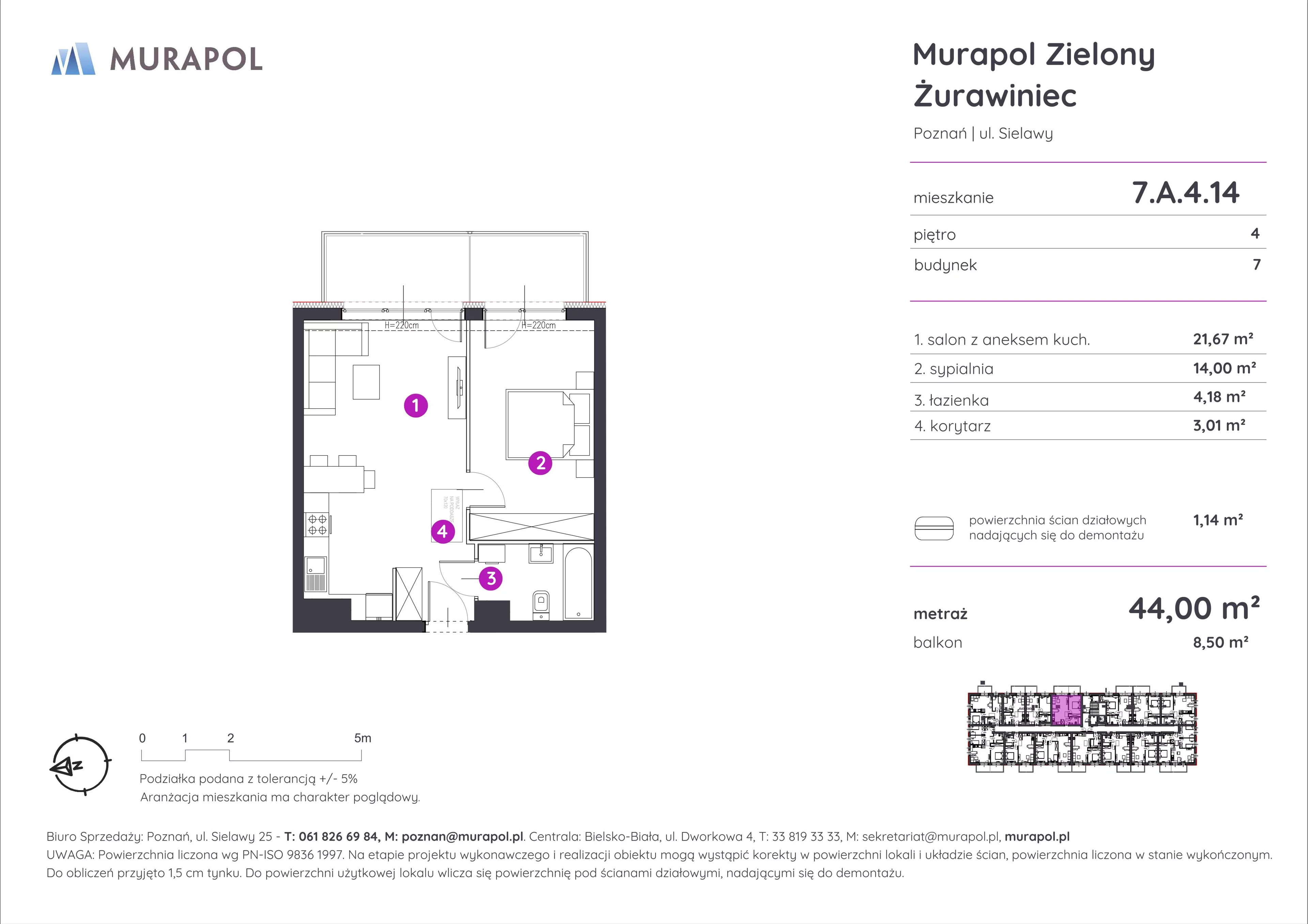 Mieszkanie 44,00 m², piętro 4, oferta nr 7.A.4.14, Murapol Zielony Żurawiniec, Poznań, Naramowice, ul. Sielawy