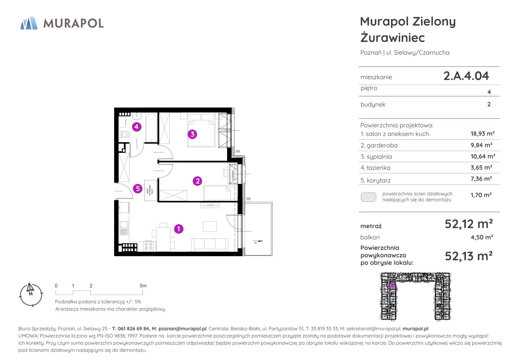 2 pokoje, mieszkanie 52,13 m², piętro 4, oferta nr 2.A.4.04, Murapol Zielony Żurawiniec - Gotowe mieszkania, Poznań, Naramowice, ul. Sielawy
