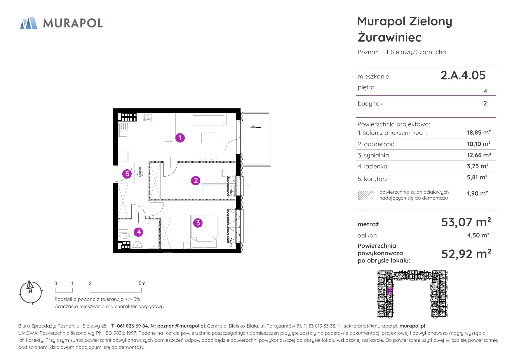 2 pokoje, mieszkanie 52,92 m², piętro 4, oferta nr 2.A.4.05, Murapol Zielony Żurawiniec - Gotowe mieszkania, Poznań, Naramowice, ul. Sielawy