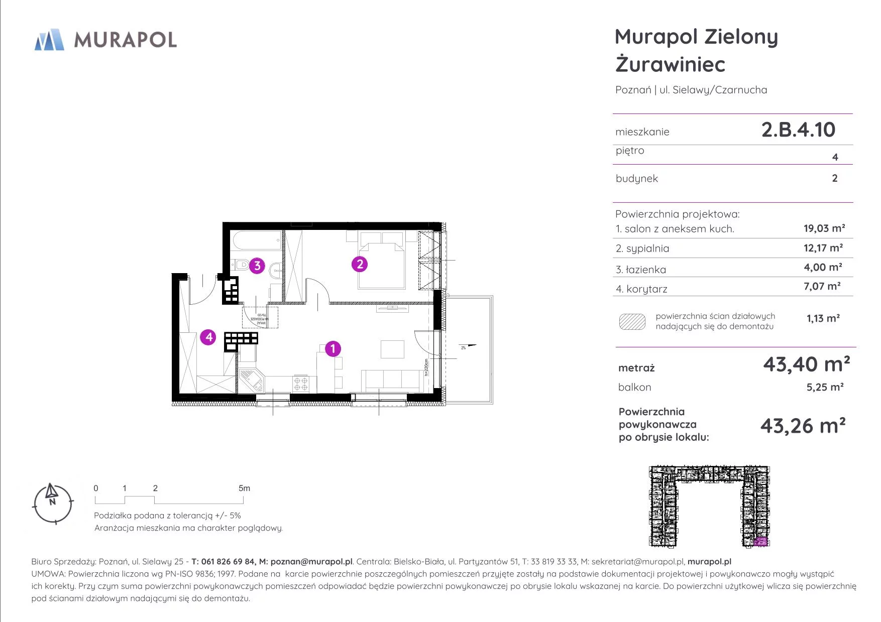 2 pokoje, mieszkanie 43,26 m², piętro 4, oferta nr 2.B.4.10, Murapol Zielony Żurawiniec - Gotowe mieszkania, Poznań, Naramowice, ul. Sielawy