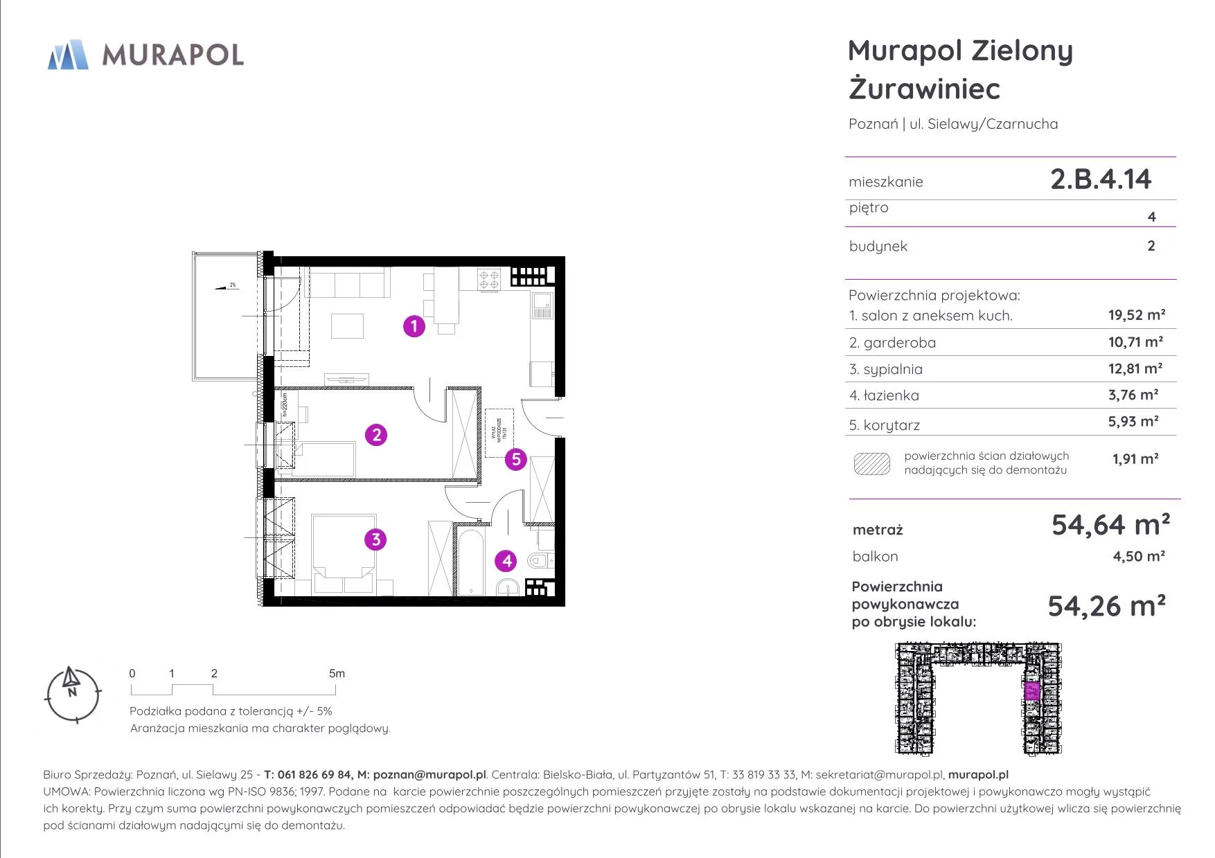 2 pokoje, mieszkanie 54,26 m², piętro 4, oferta nr 2.B.4.14, Murapol Zielony Żurawiniec - Gotowe mieszkania, Poznań, Naramowice, ul. Sielawy