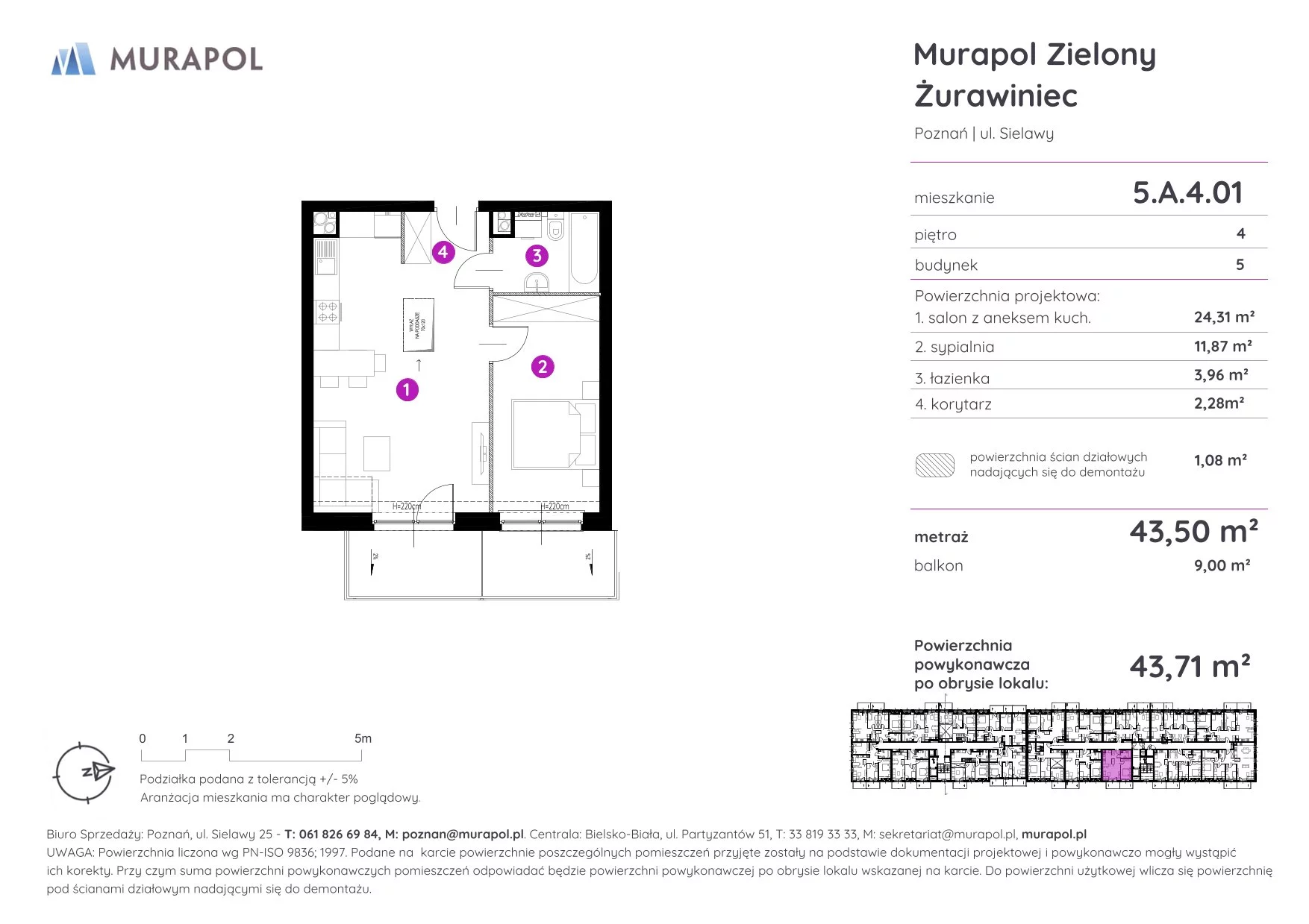2 pokoje, mieszkanie 43,71 m², piętro 4, oferta nr 5.A.4.01, Murapol Zielony Żurawiniec - Gotowe mieszkania, Poznań, Naramowice, ul. Sielawy