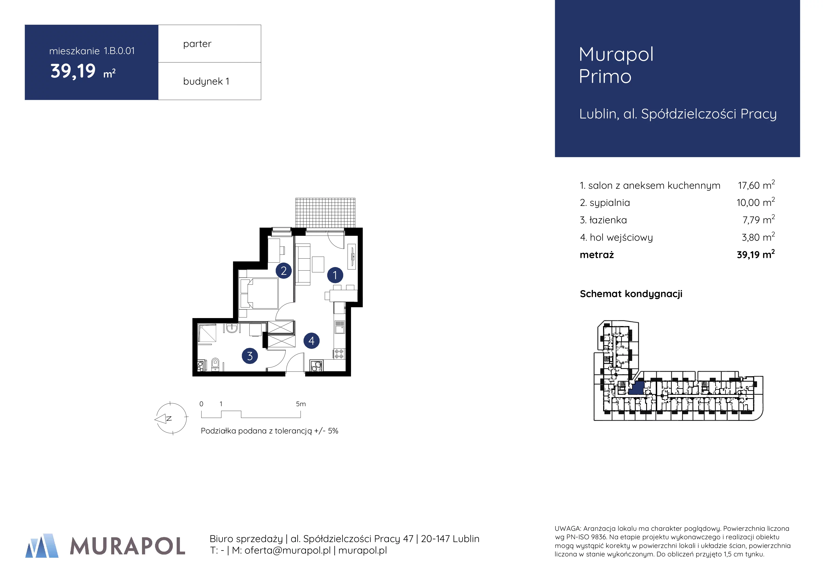 2 pokoje, mieszkanie 39,19 m², parter, oferta nr 1.B.0.01, Murapol Primo, Lublin, Ponikwoda, al. Spółdzielczości Pracy
