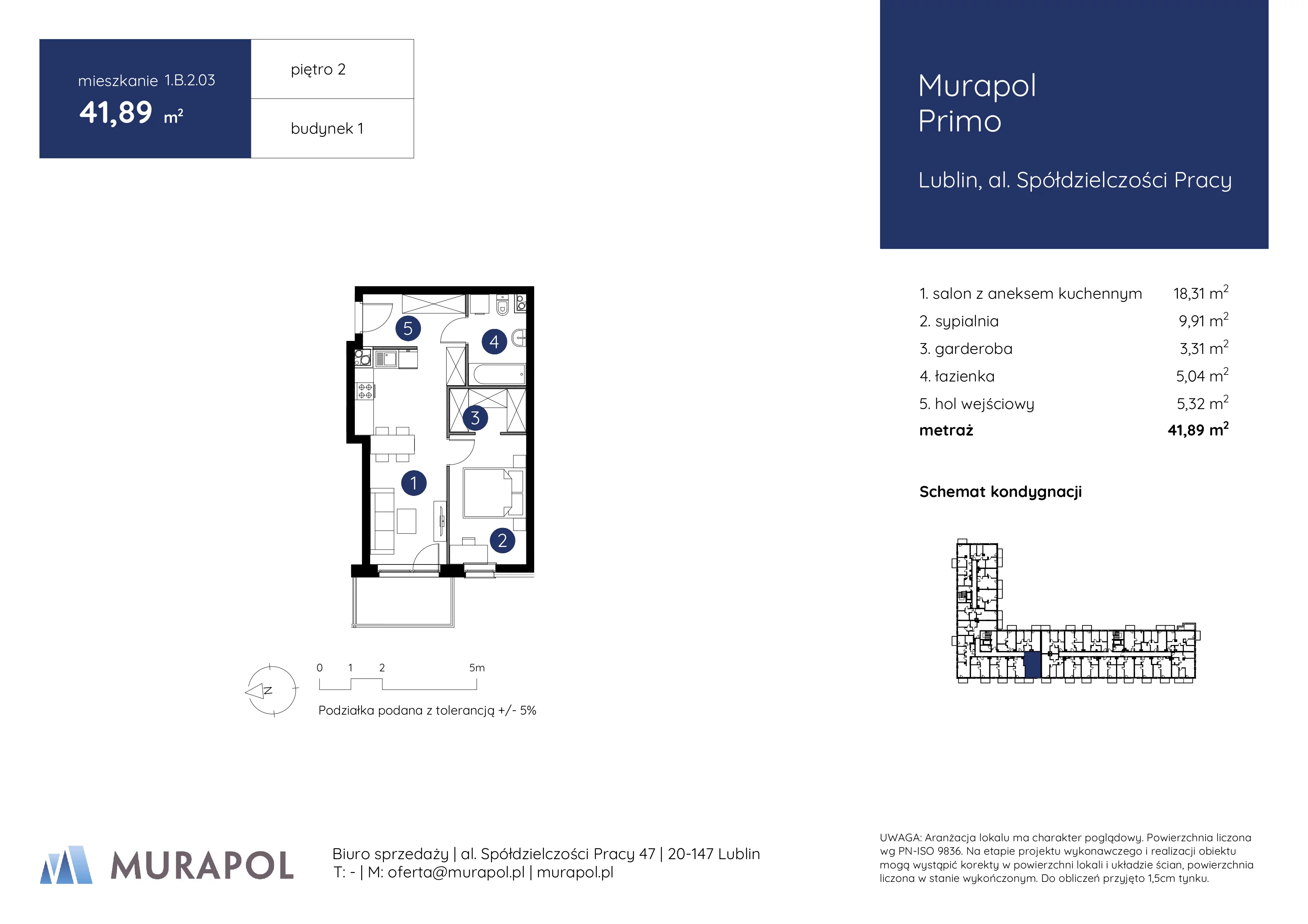 2 pokoje, mieszkanie 41,89 m², piętro 2, oferta nr 1.B.2.03, Murapol Primo, Lublin, Ponikwoda, al. Spółdzielczości Pracy