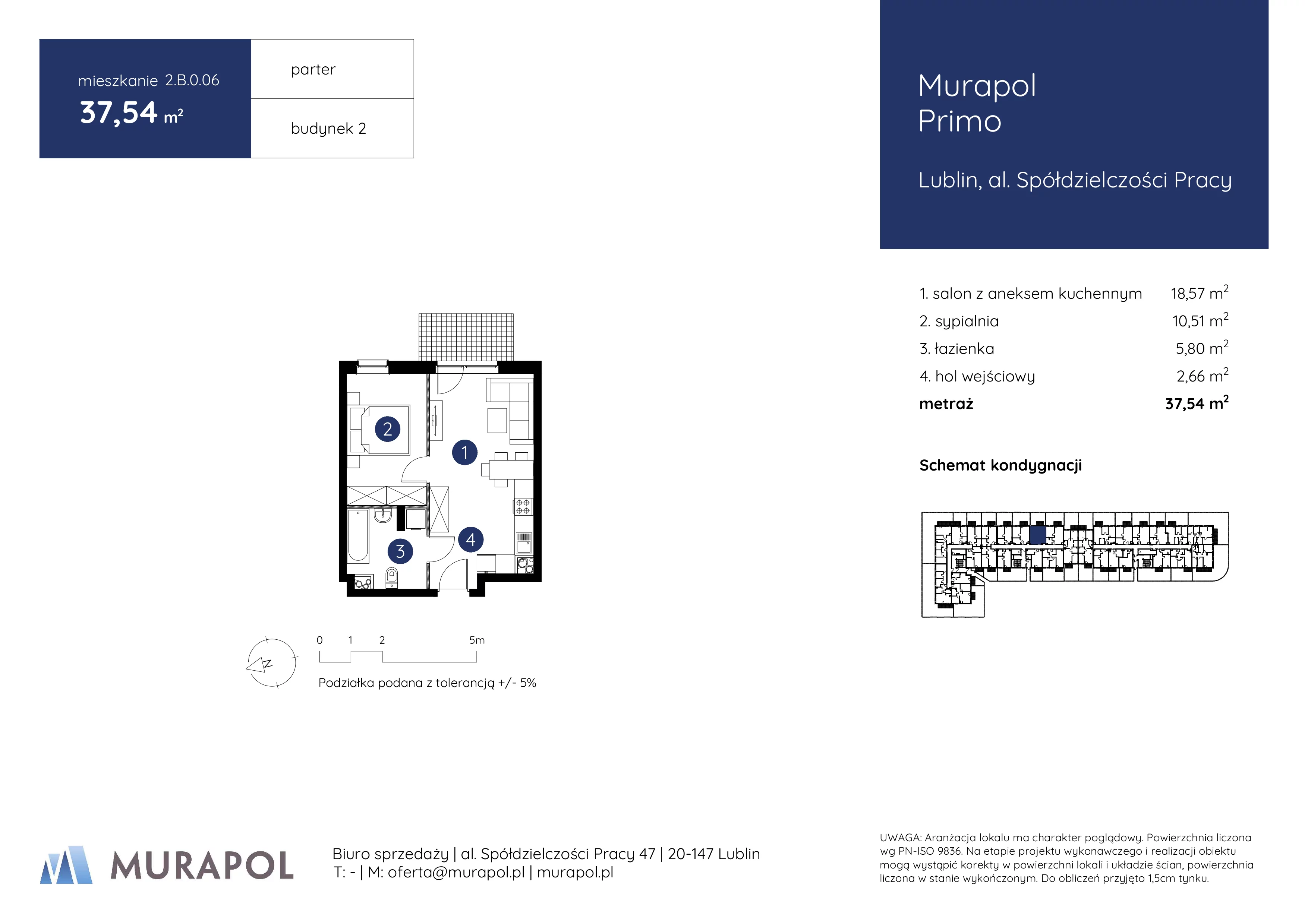 2 pokoje, mieszkanie 37,54 m², parter, oferta nr 2.B.0.06, Murapol Primo, Lublin, Ponikwoda, al. Spółdzielczości Pracy