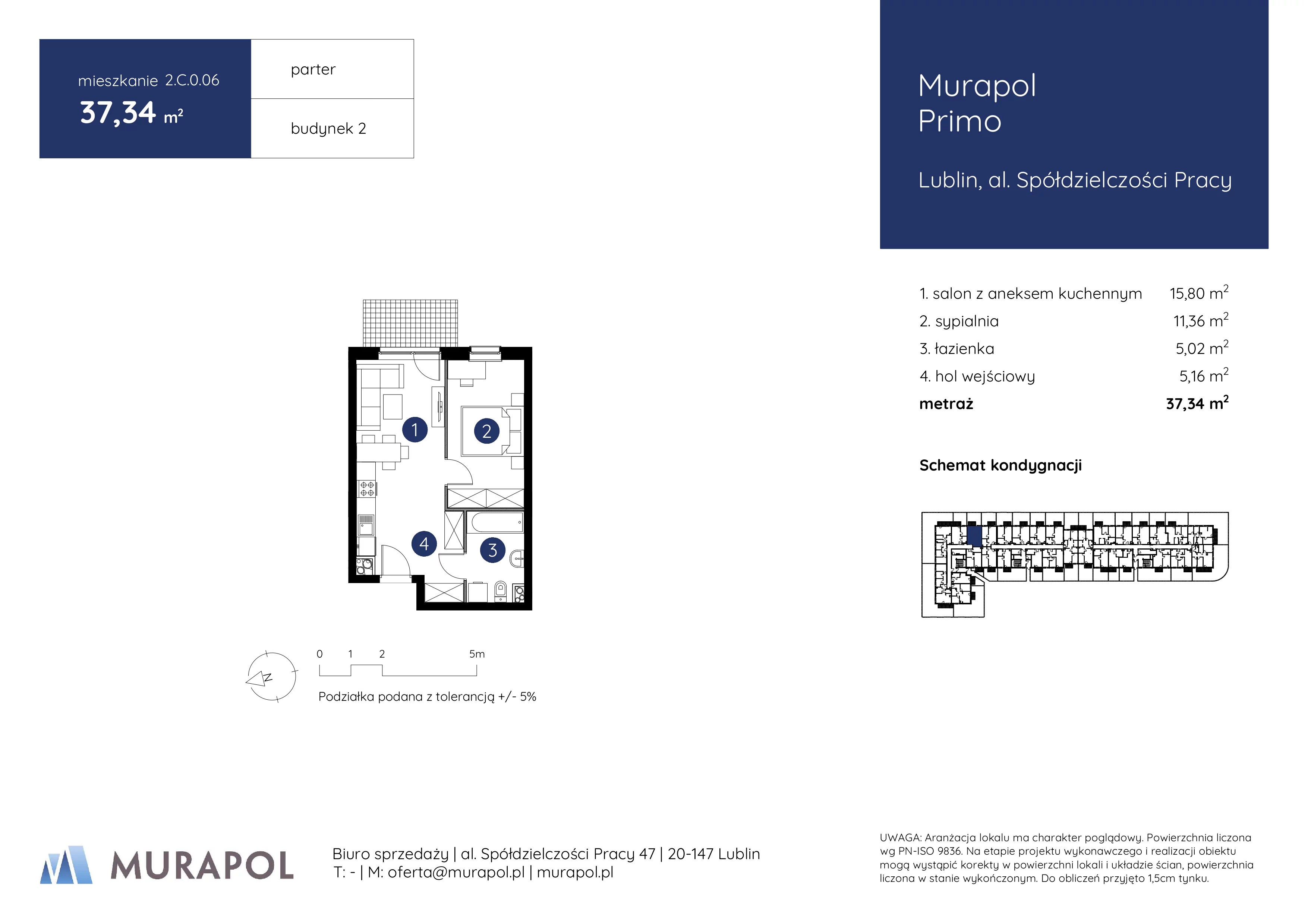2 pokoje, mieszkanie 37,34 m², parter, oferta nr 2.C.0.06, Murapol Primo, Lublin, Ponikwoda, al. Spółdzielczości Pracy