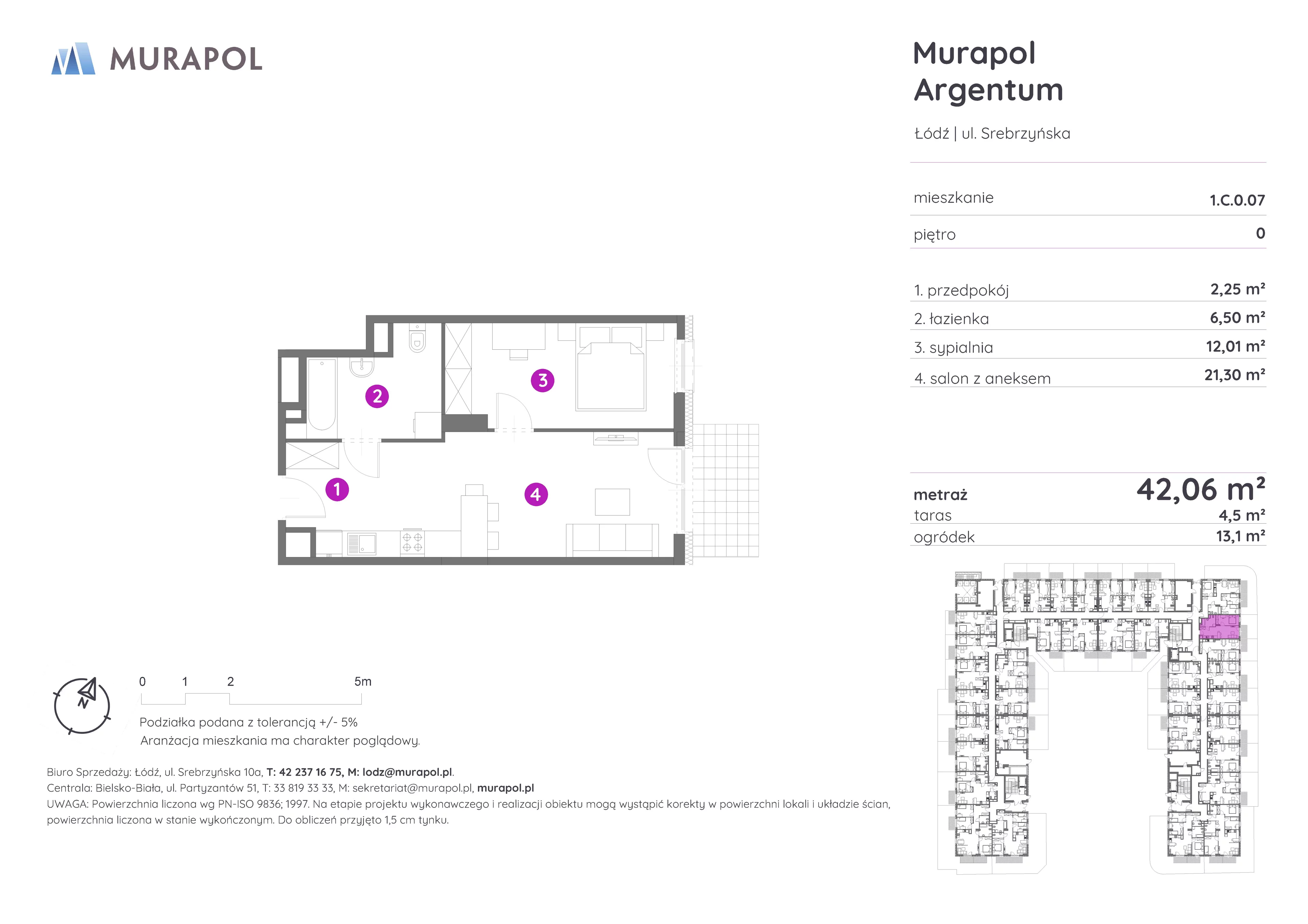 Mieszkanie 42,06 m², parter, oferta nr 1.C.0.07, Murapol Argentum, Łódź, Polesie, Stare Polesie, ul. Srebrzyńska