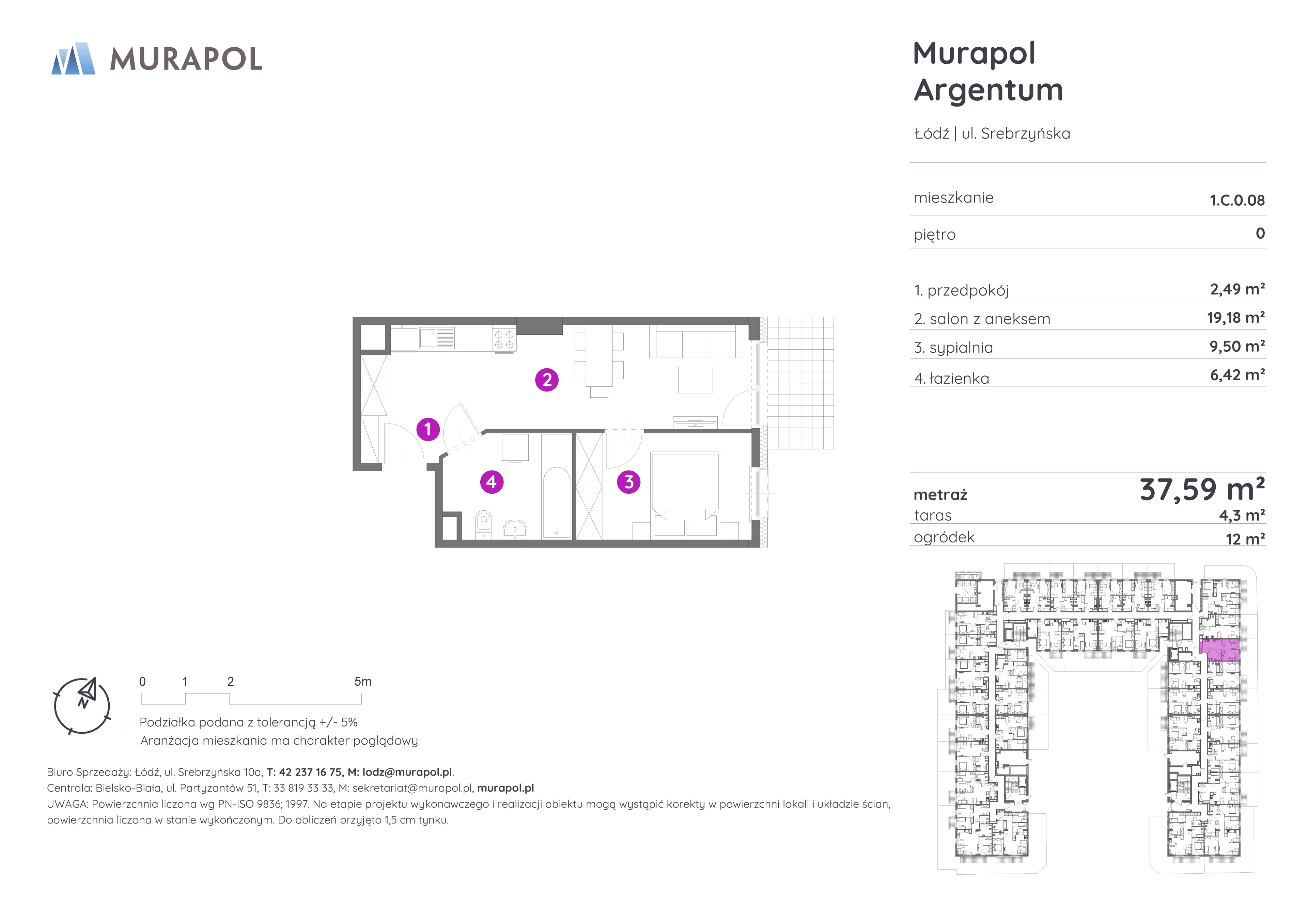 2 pokoje, mieszkanie 37,59 m², parter, oferta nr 1.C.0.08, Murapol Argentum, Łódź, Polesie, Stare Polesie, ul. Srebrzyńska