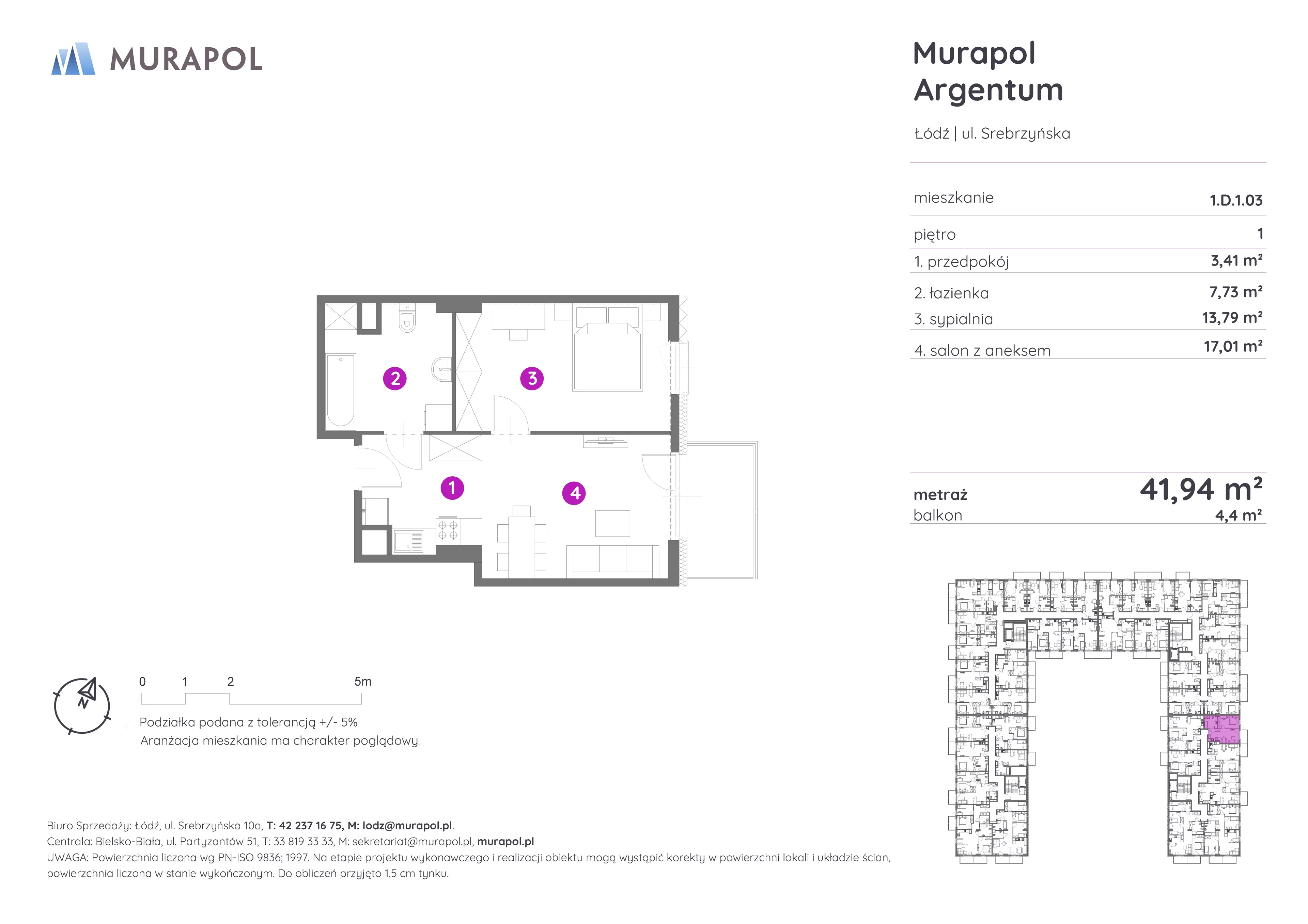 Mieszkanie 41,94 m², piętro 1, oferta nr 1.D.1.03, Murapol Argentum, Łódź, Polesie, Stare Polesie, ul. Srebrzyńska