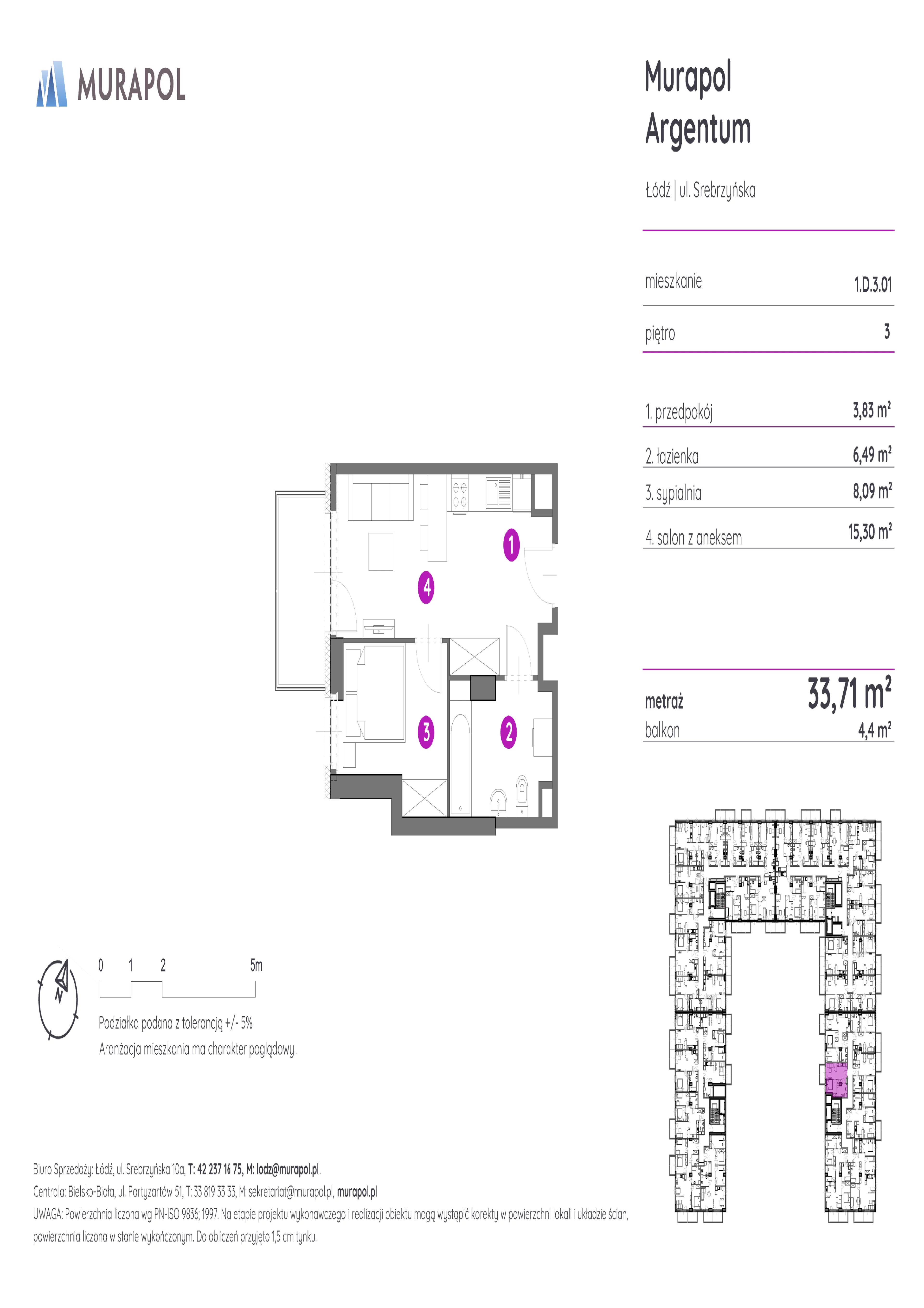 Mieszkanie 33,71 m², piętro 3, oferta nr 1.D.3.01, Murapol Argentum, Łódź, Polesie, Stare Polesie, ul. Srebrzyńska