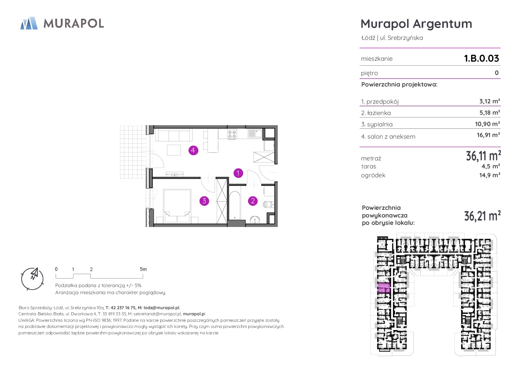 2 pokoje, mieszkanie 36,21 m², parter, oferta nr 1.B.0.03, Murapol Argentum, Łódź, Polesie, Stare Polesie, ul. Srebrzyńska