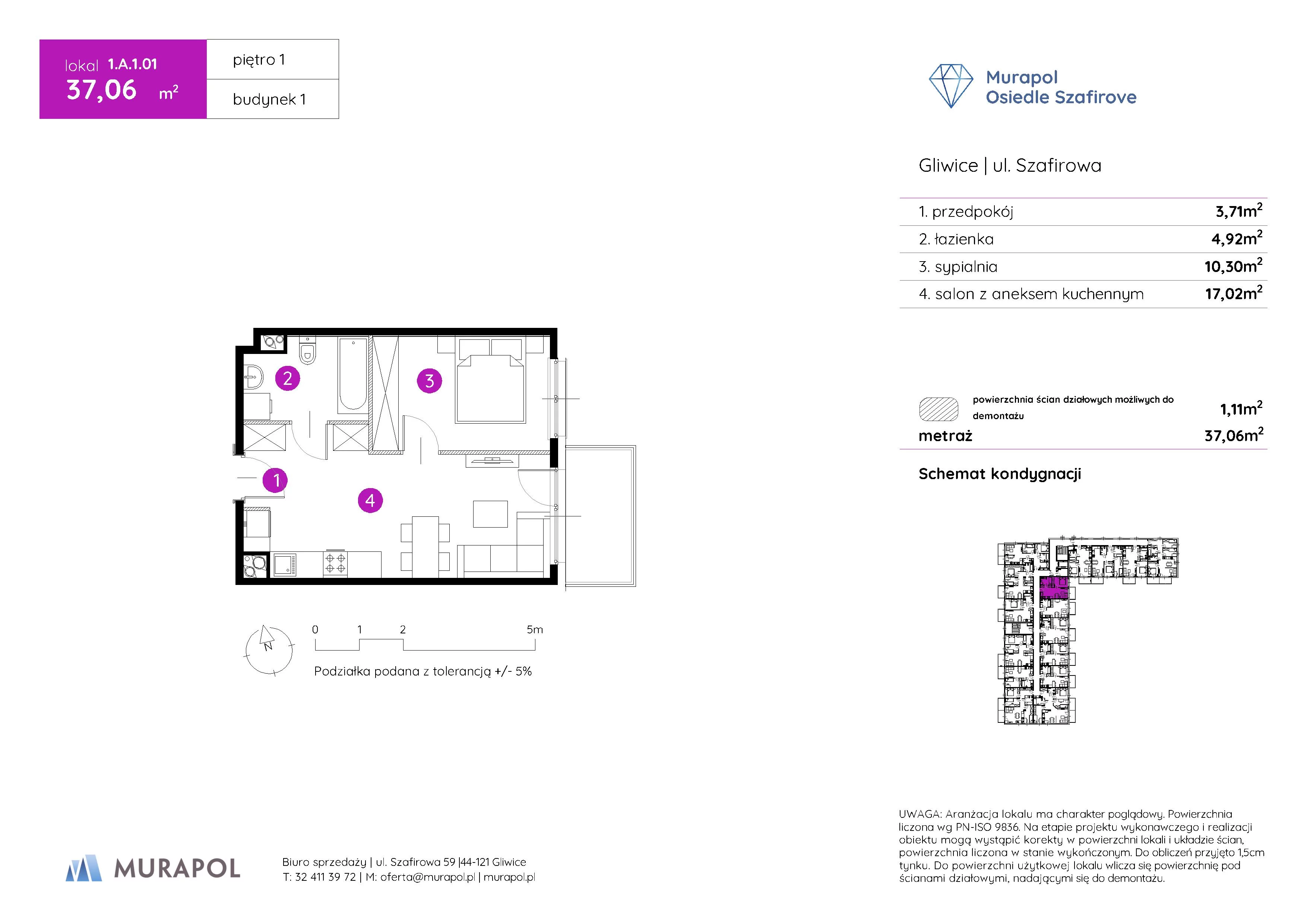 Mieszkanie 37,06 m², piętro 1, oferta nr 1.A.1.01, Murapol Osiedle Szafirove, Gliwice, Stare Gliwice, ul. Szafirowa