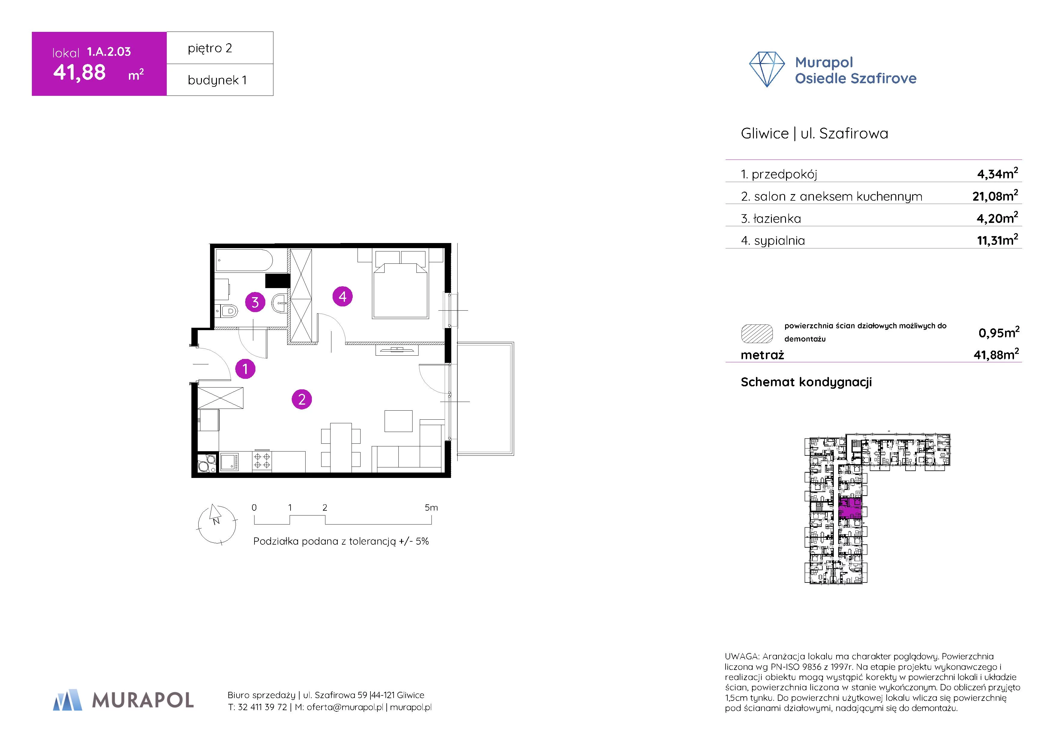 Mieszkanie 41,88 m², piętro 2, oferta nr 1.A.2.03, Murapol Osiedle Szafirove, Gliwice, Stare Gliwice, ul. Szafirowa