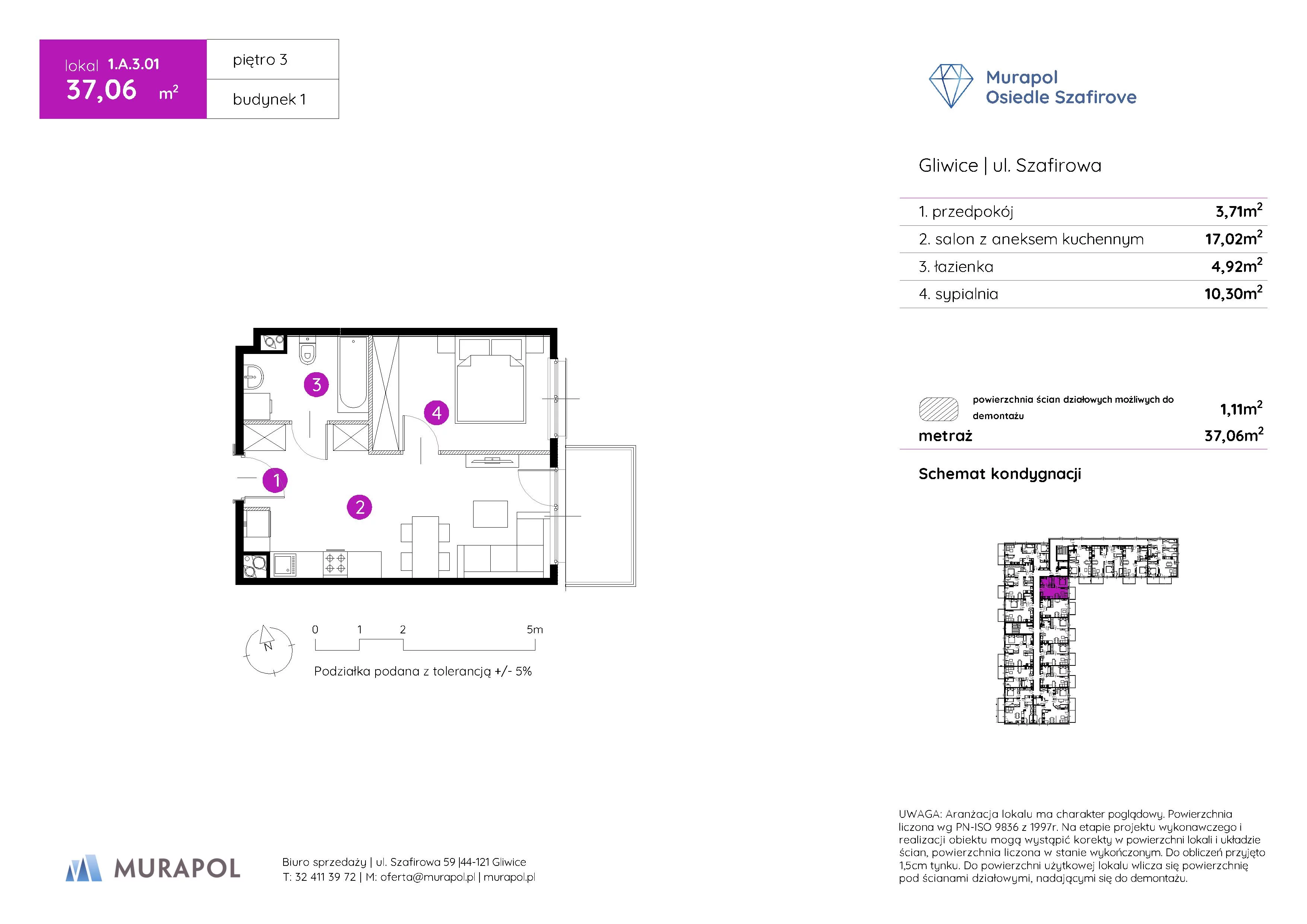 Mieszkanie 37,06 m², piętro 3, oferta nr 1.A.3.01, Murapol Osiedle Szafirove, Gliwice, Stare Gliwice, ul. Szafirowa