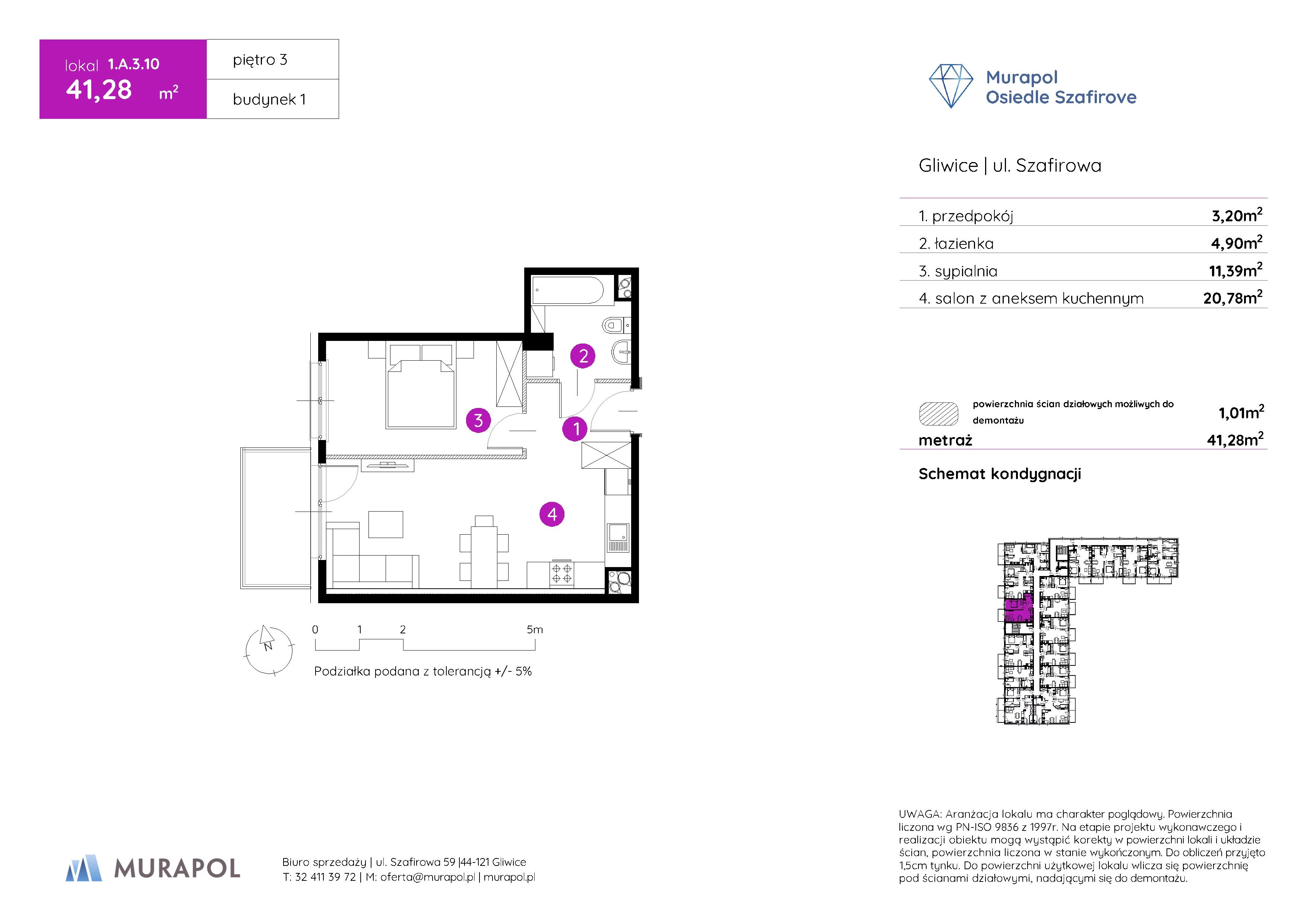 Mieszkanie 41,28 m², piętro 3, oferta nr 1.A.3.10, Murapol Osiedle Szafirove, Gliwice, Stare Gliwice, ul. Szafirowa