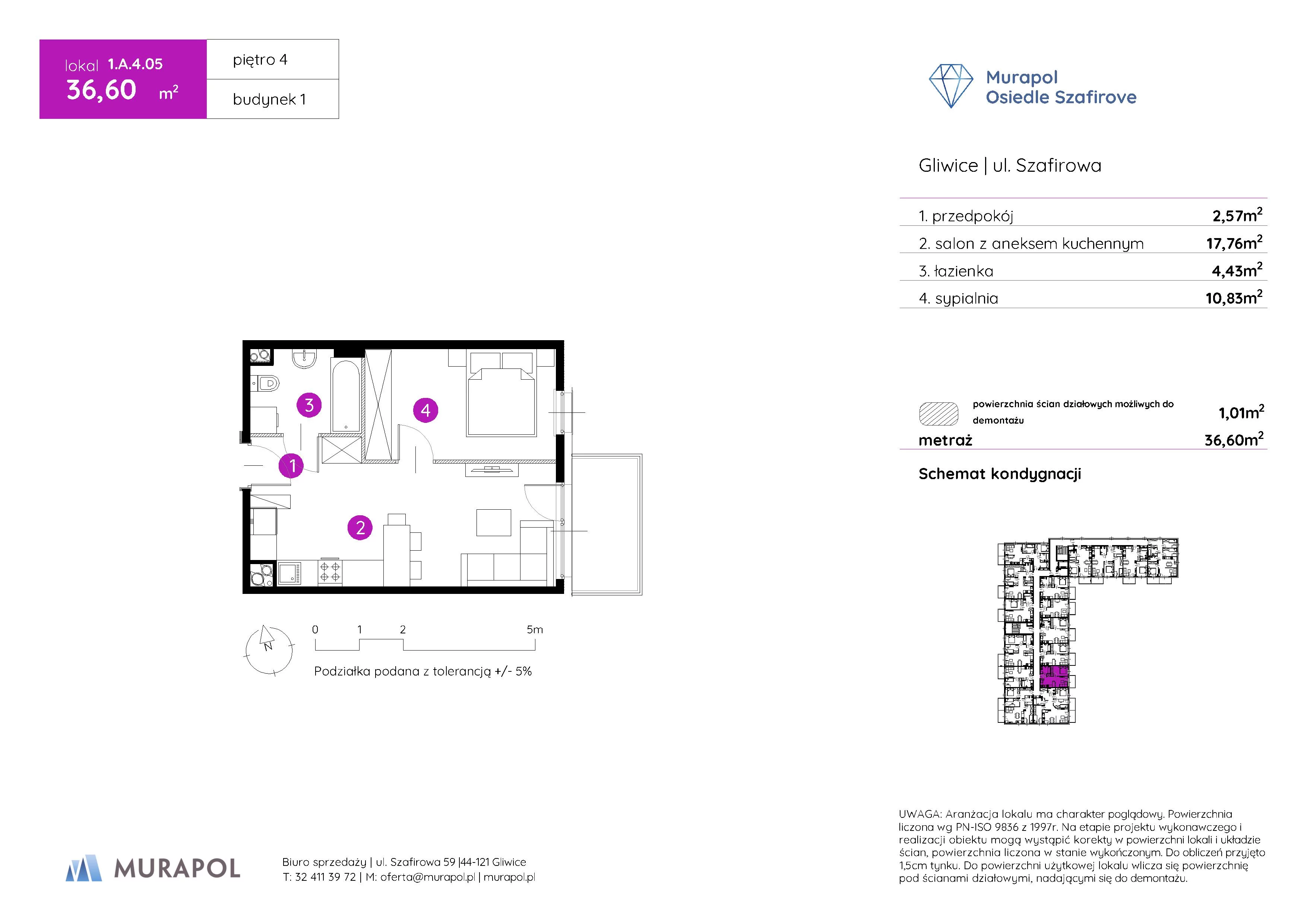 Mieszkanie 36,60 m², piętro 4, oferta nr 1.A.4.05, Murapol Osiedle Szafirove, Gliwice, Stare Gliwice, ul. Szafirowa