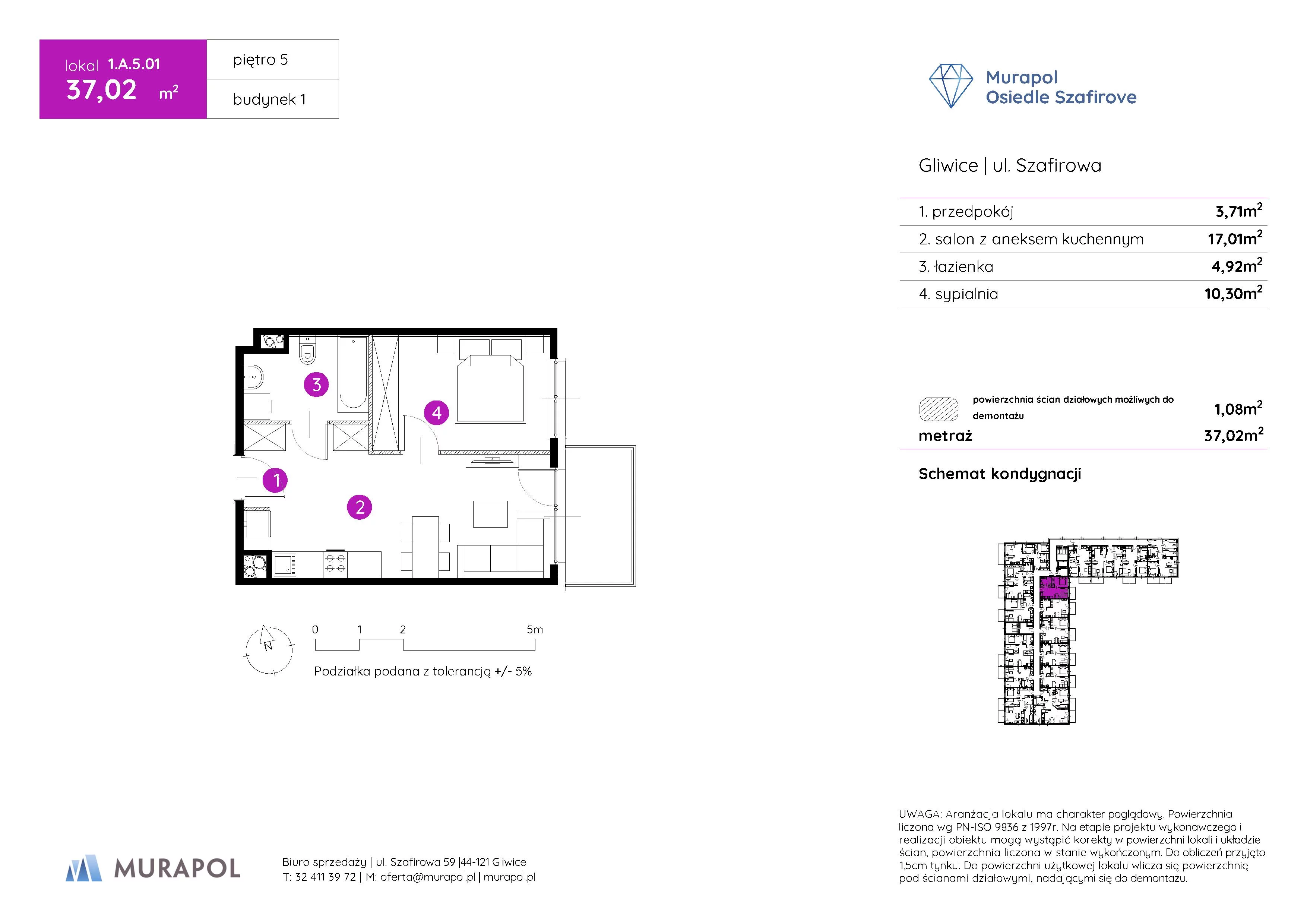 Mieszkanie 37,02 m², piętro 5, oferta nr 1.A.5.01, Murapol Osiedle Szafirove, Gliwice, Stare Gliwice, ul. Szafirowa