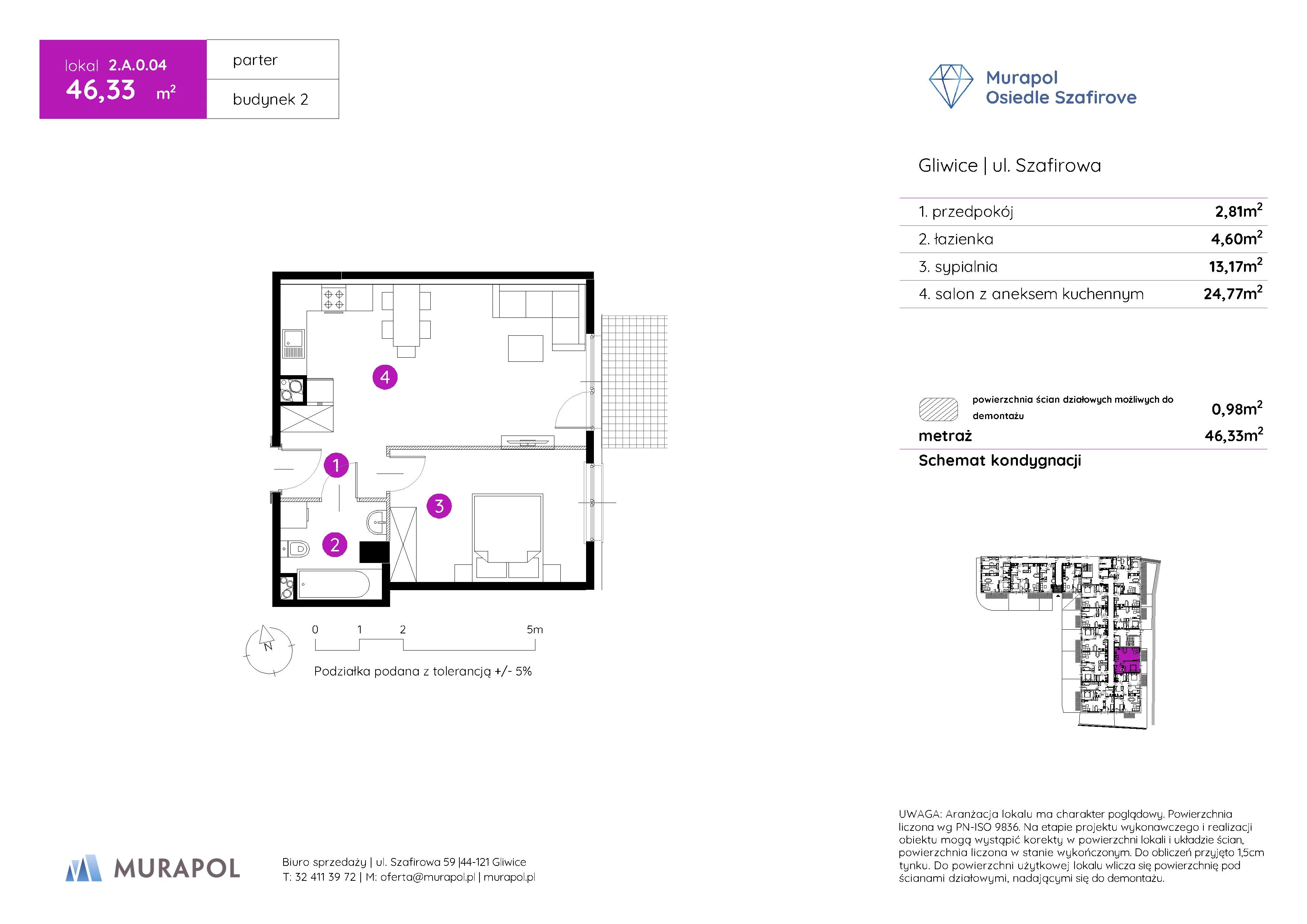 Mieszkanie 46,33 m², parter, oferta nr 2.A.0.04, Murapol Osiedle Szafirove, Gliwice, Stare Gliwice, ul. Szafirowa