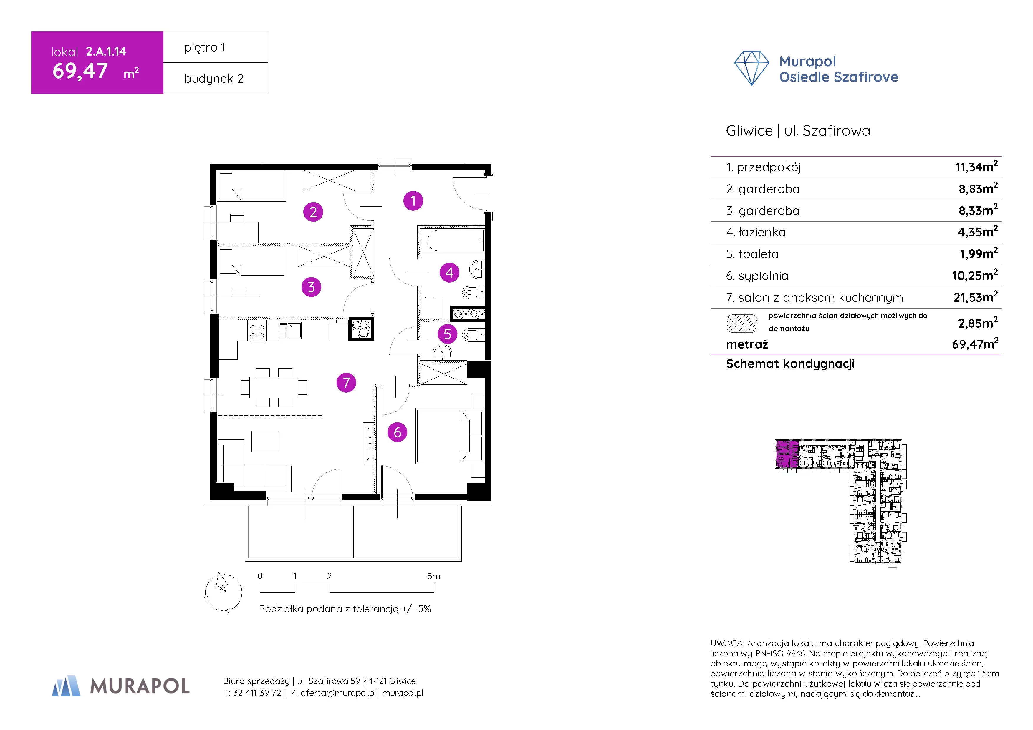 Mieszkanie 69,47 m², piętro 1, oferta nr 2.A.1.14, Murapol Osiedle Szafirove, Gliwice, Stare Gliwice, ul. Szafirowa