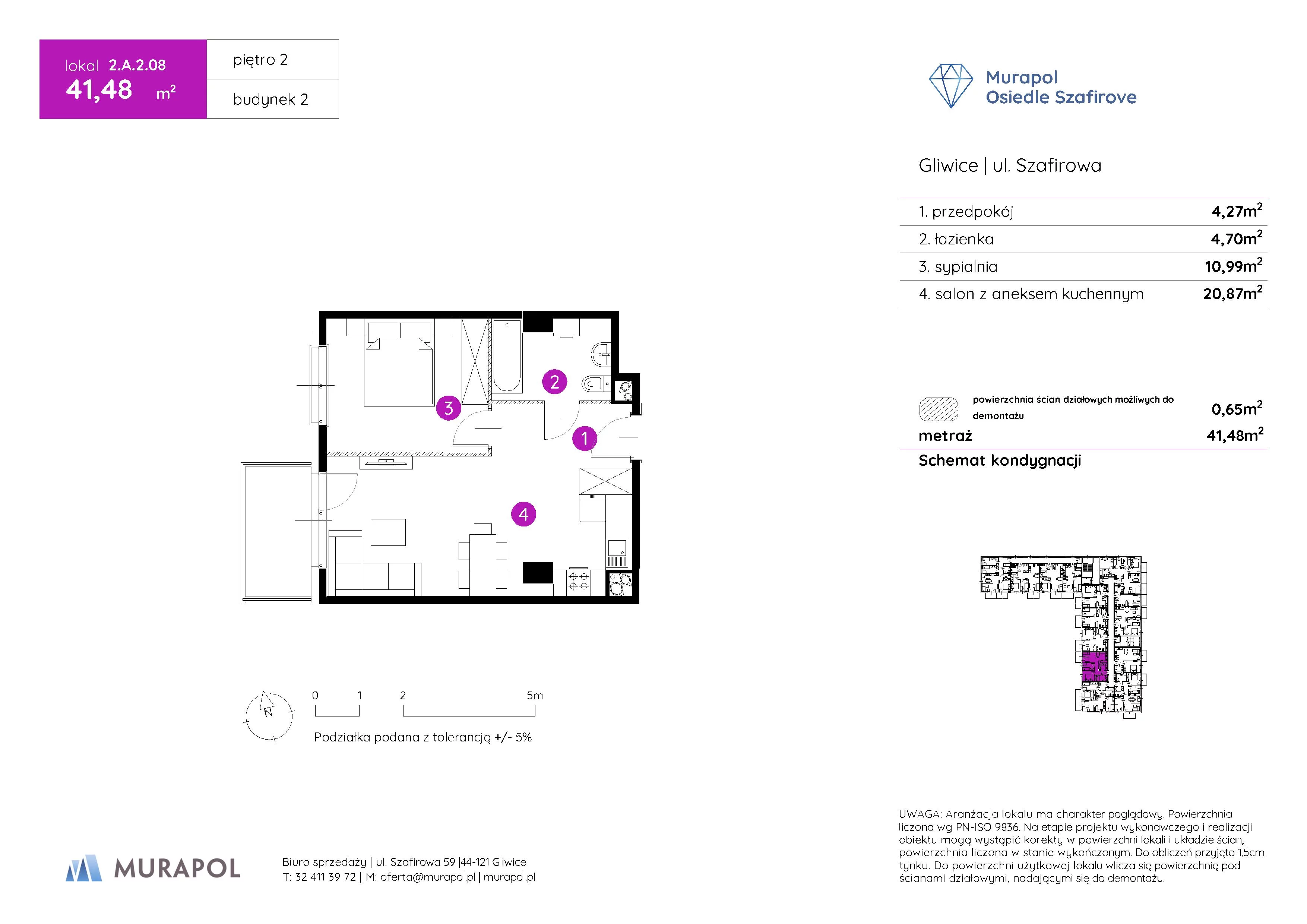 Mieszkanie 41,48 m², piętro 2, oferta nr 2.A.2.08, Murapol Osiedle Szafirove, Gliwice, Stare Gliwice, ul. Szafirowa