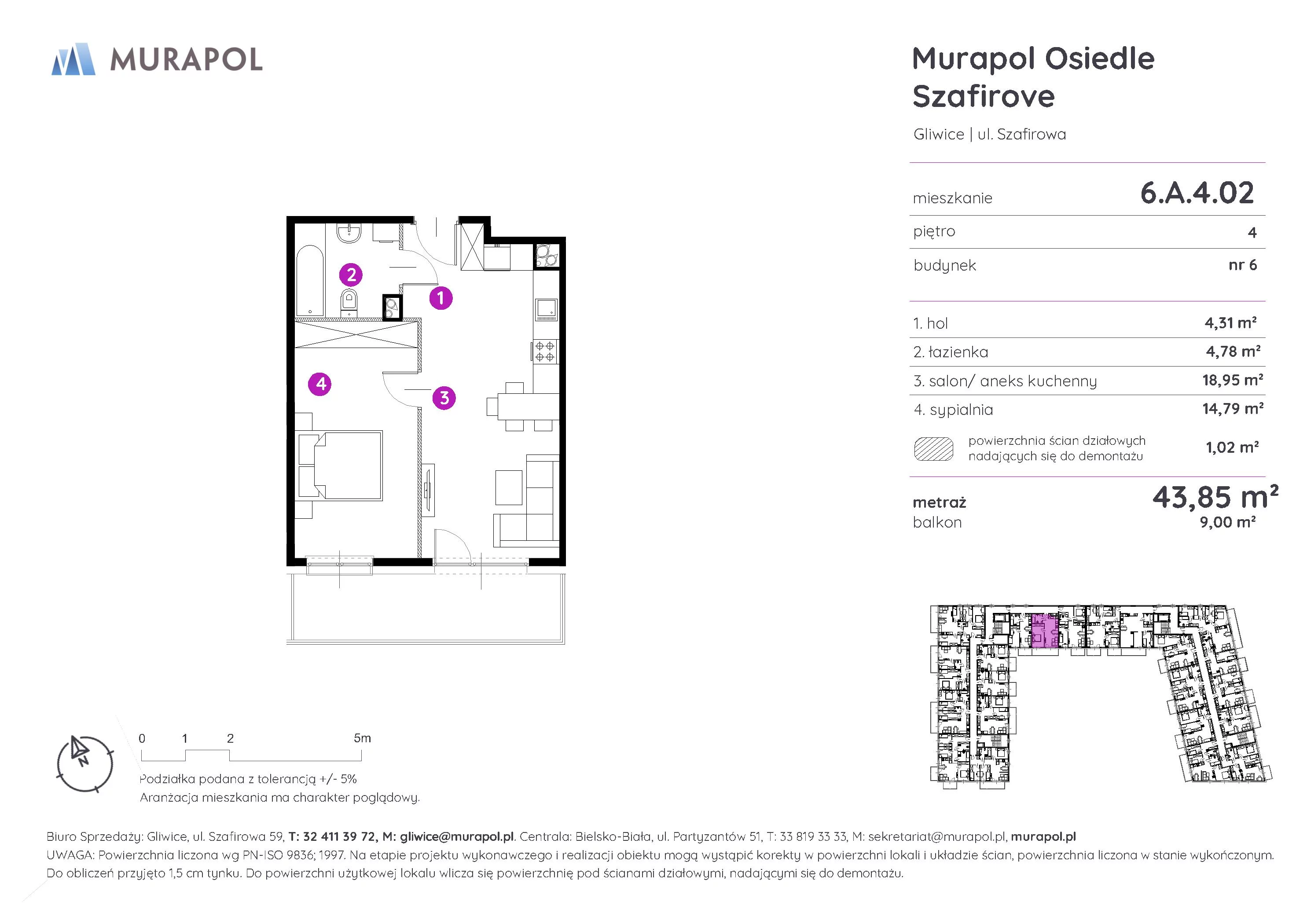 2 pokoje, mieszkanie 43,85 m², piętro 4, oferta nr 6.A.4.02, Murapol Osiedle Szafirove, Gliwice, Stare Gliwice, ul. Szafirowa