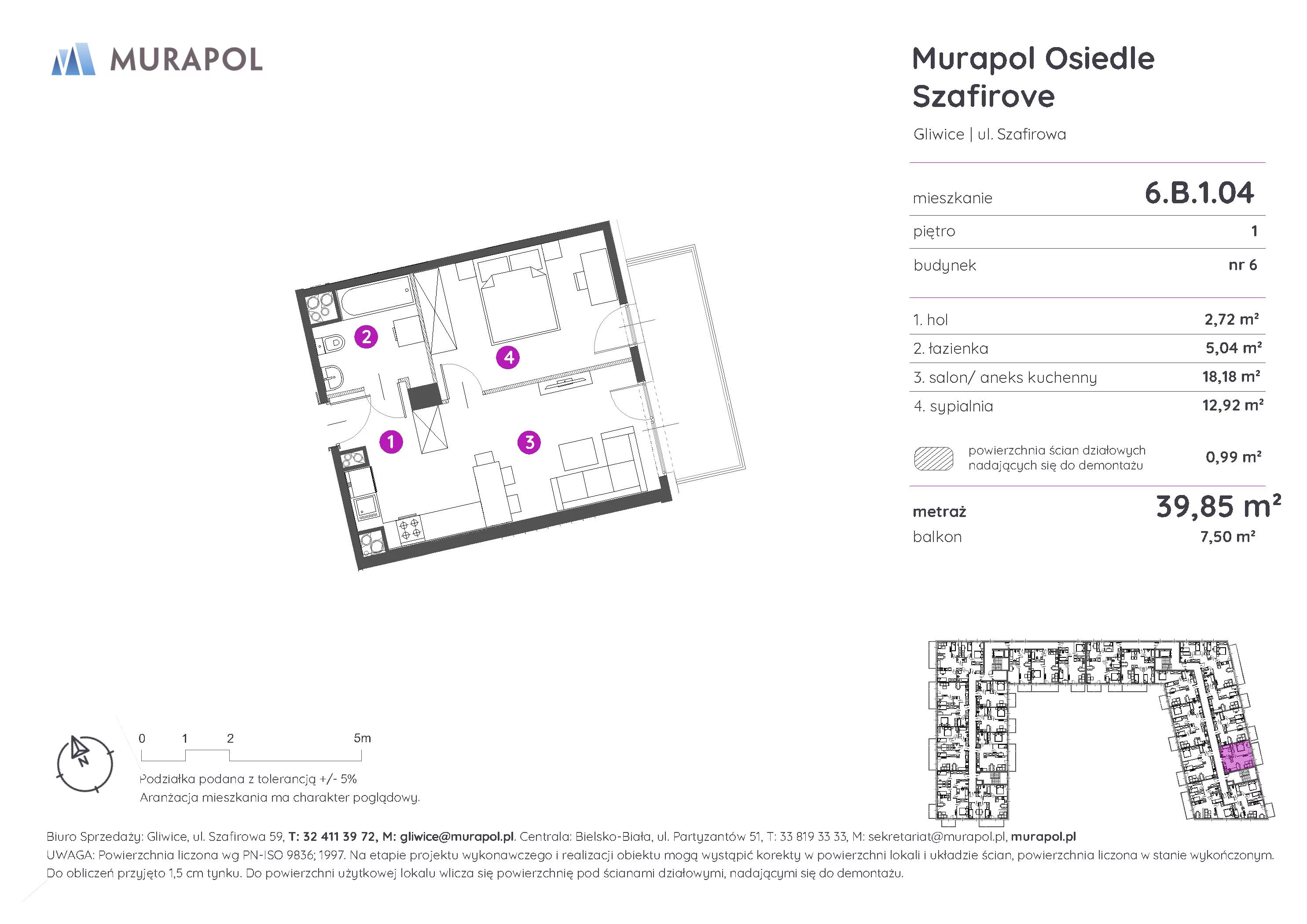 Mieszkanie 39,85 m², piętro 1, oferta nr 6.B.1.04, Murapol Osiedle Szafirove, Gliwice, Stare Gliwice, ul. Szafirowa