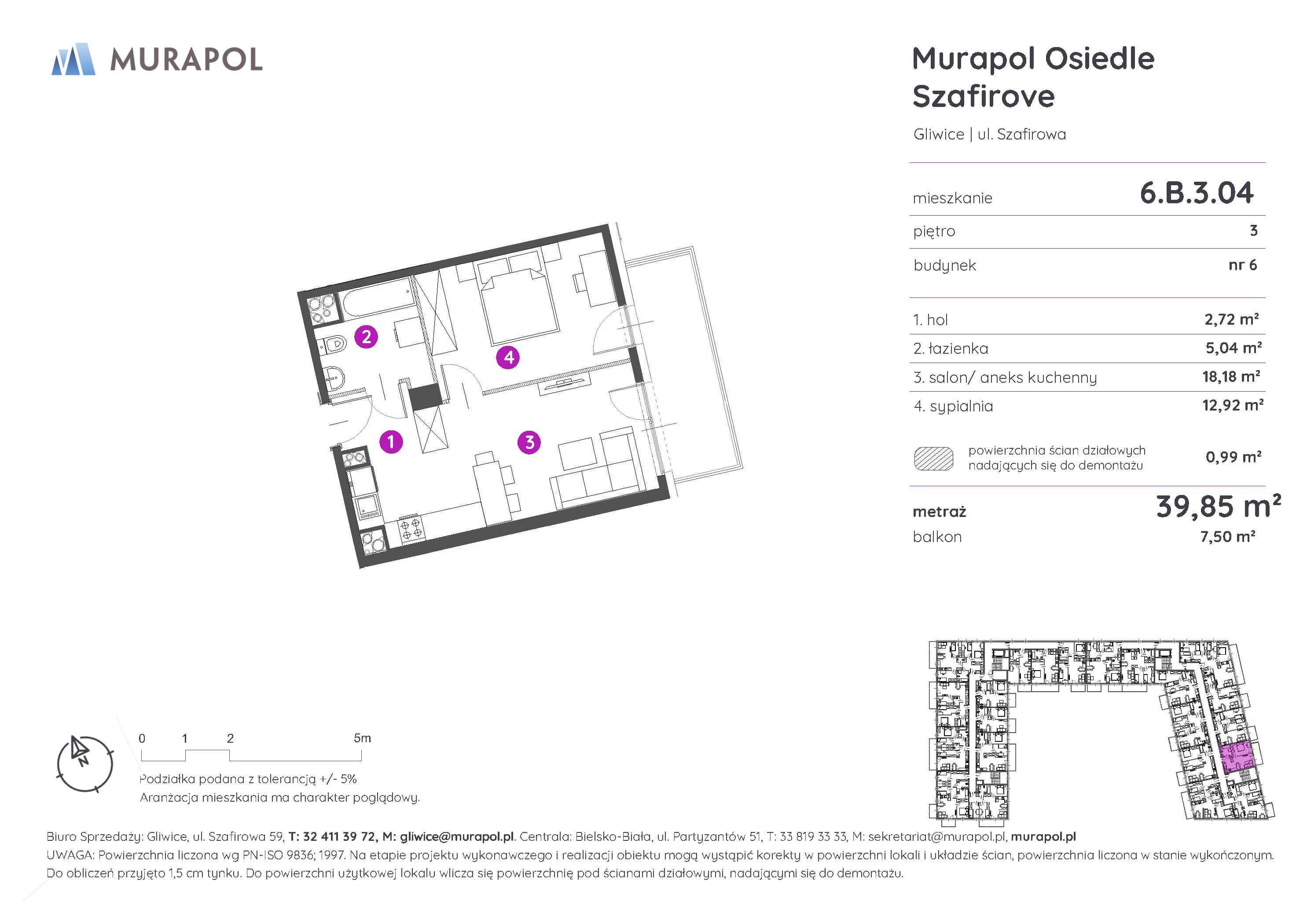 Mieszkanie 39,85 m², piętro 3, oferta nr 6.B.3.04, Murapol Osiedle Szafirove, Gliwice, Stare Gliwice, ul. Szafirowa