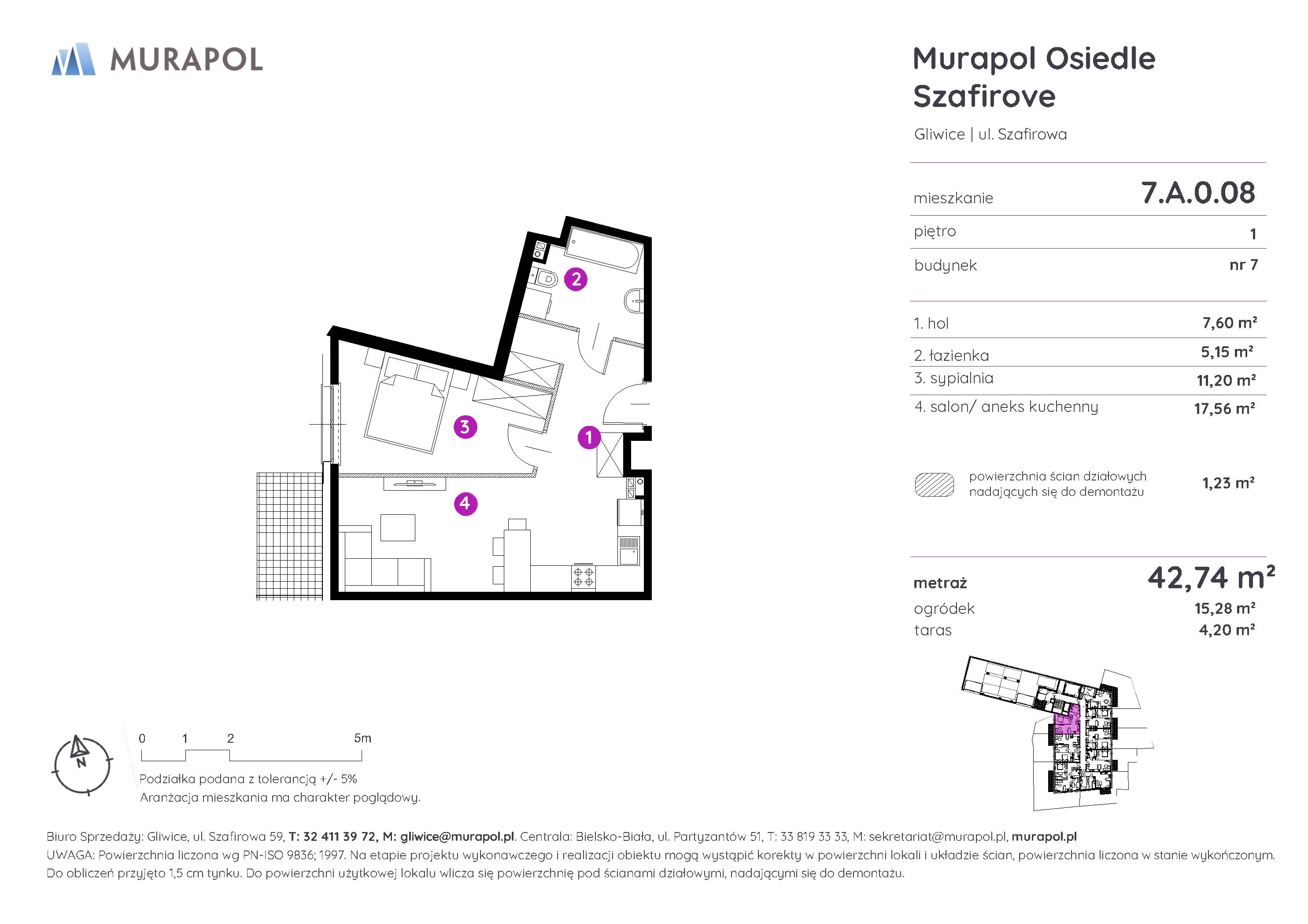 Mieszkanie 42,74 m², parter, oferta nr 7.A.0.08, Murapol Osiedle Szafirove, Gliwice, Stare Gliwice, ul. Szafirowa