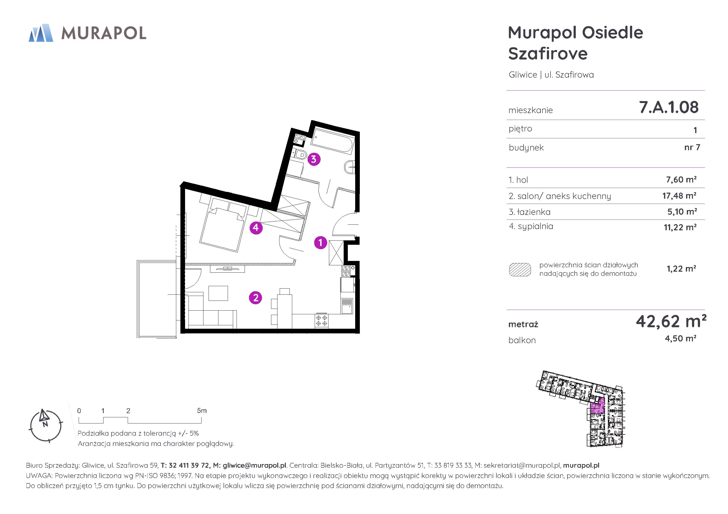 Mieszkanie 42,62 m², piętro 1, oferta nr 7.A.1.08, Murapol Osiedle Szafirove, Gliwice, Stare Gliwice, ul. Szafirowa