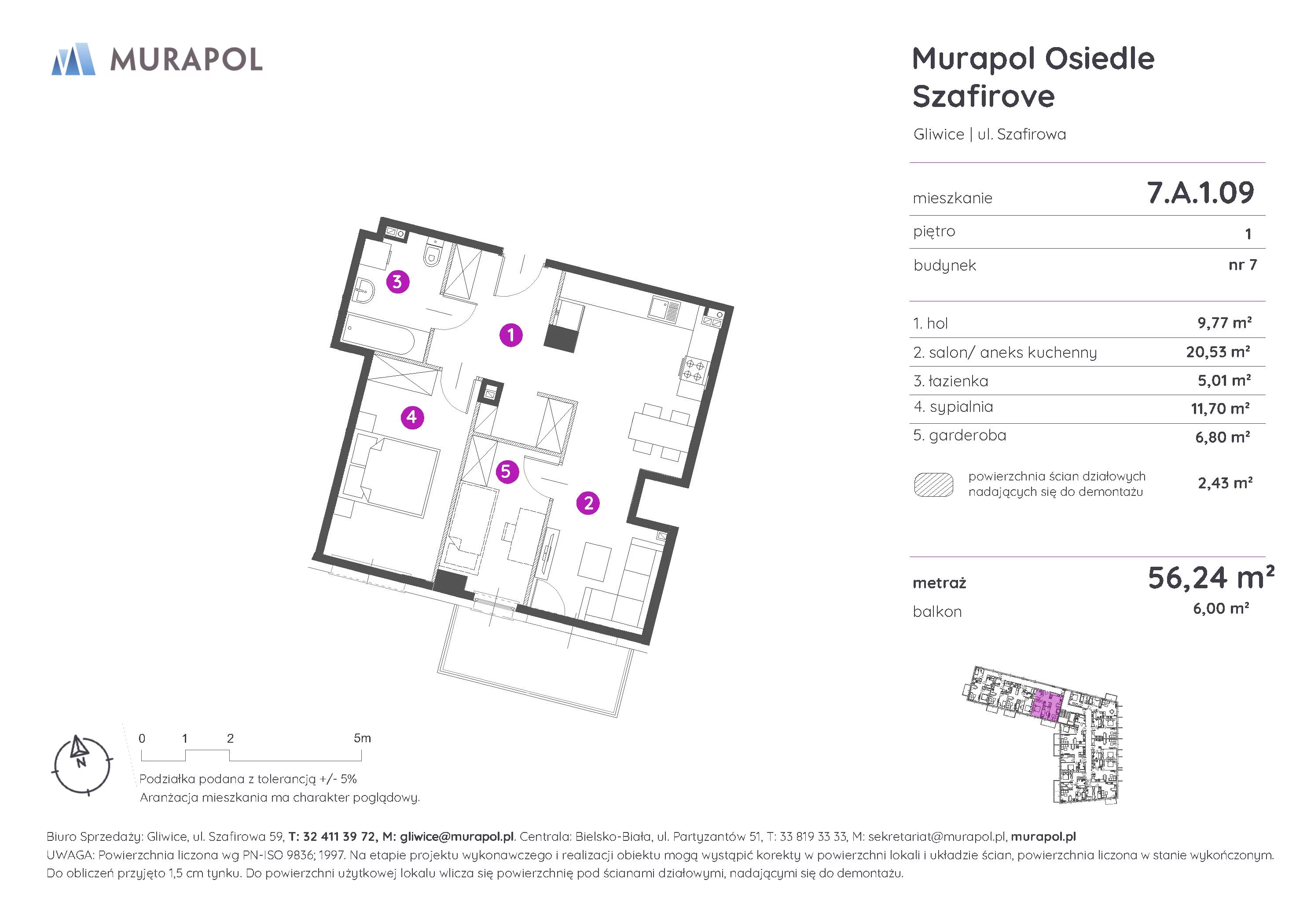 Mieszkanie 56,24 m², piętro 1, oferta nr 7.A.1.09, Murapol Osiedle Szafirove, Gliwice, Stare Gliwice, ul. Szafirowa