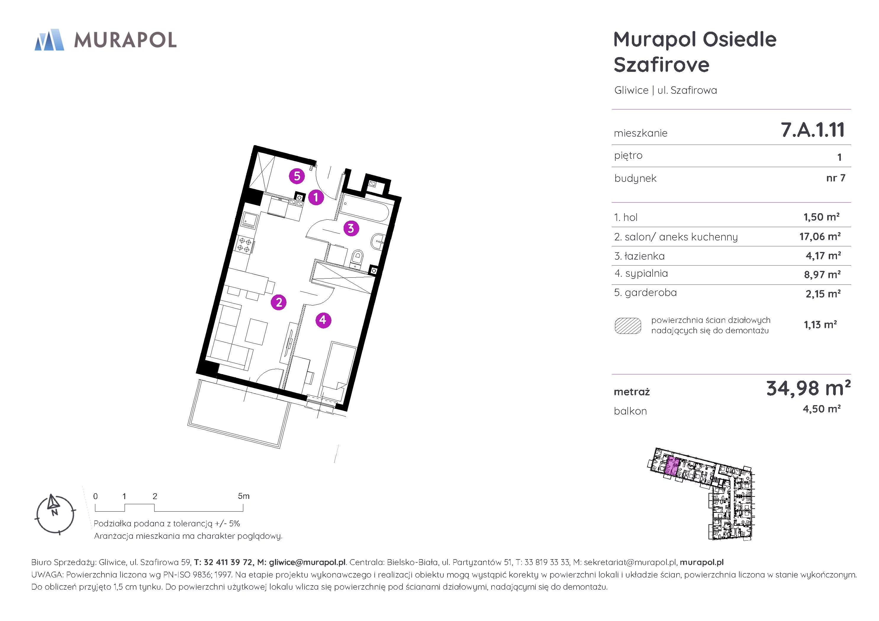 2 pokoje, mieszkanie 34,98 m², piętro 1, oferta nr 7.A.1.11, Murapol Osiedle Szafirove, Gliwice, Stare Gliwice, ul. Szafirowa