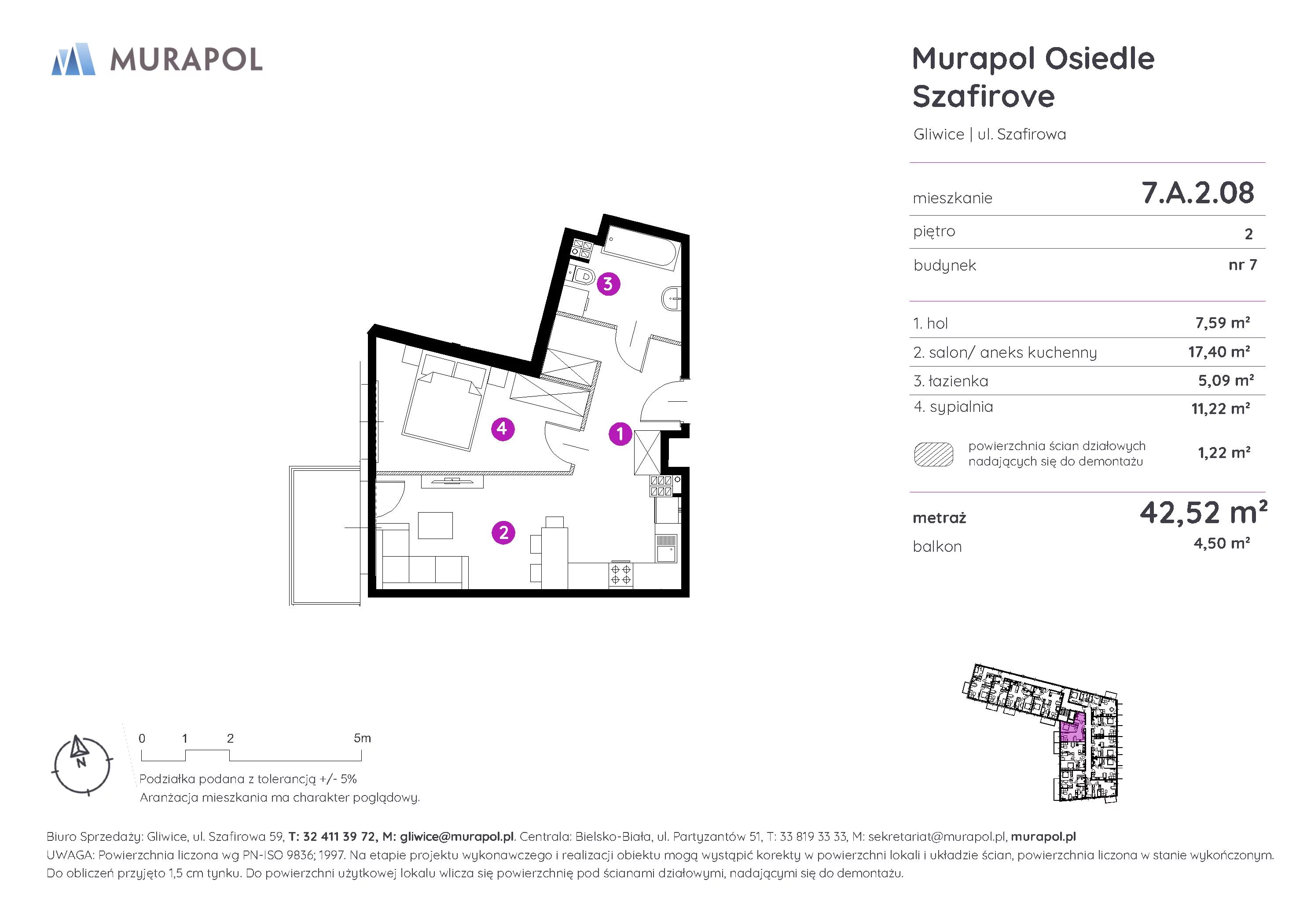 Mieszkanie 42,52 m², piętro 2, oferta nr 7.A.2.08, Murapol Osiedle Szafirove, Gliwice, Stare Gliwice, ul. Szafirowa