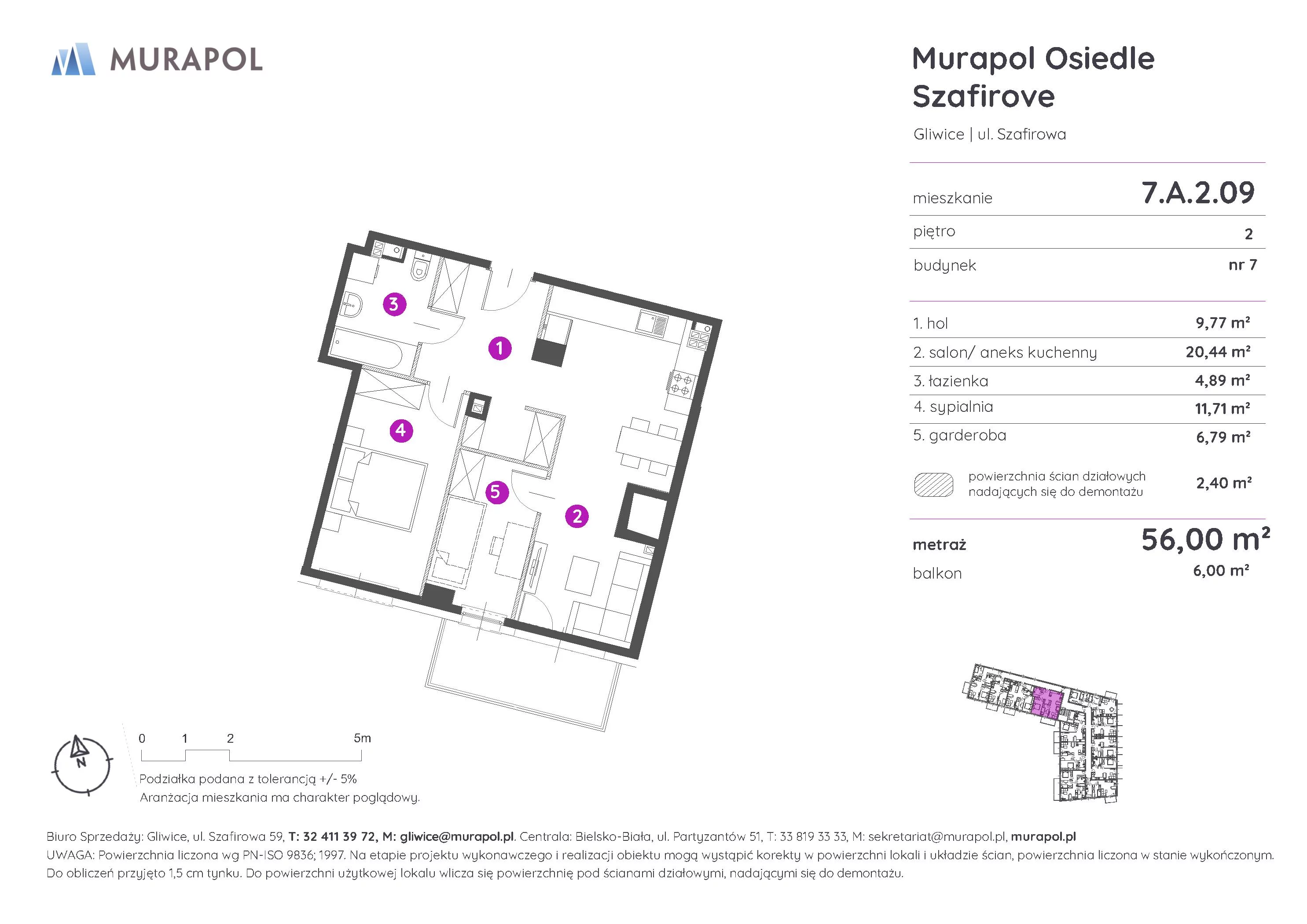 Mieszkanie 56,00 m², piętro 2, oferta nr 7.A.2.09, Murapol Osiedle Szafirove, Gliwice, Stare Gliwice, ul. Szafirowa