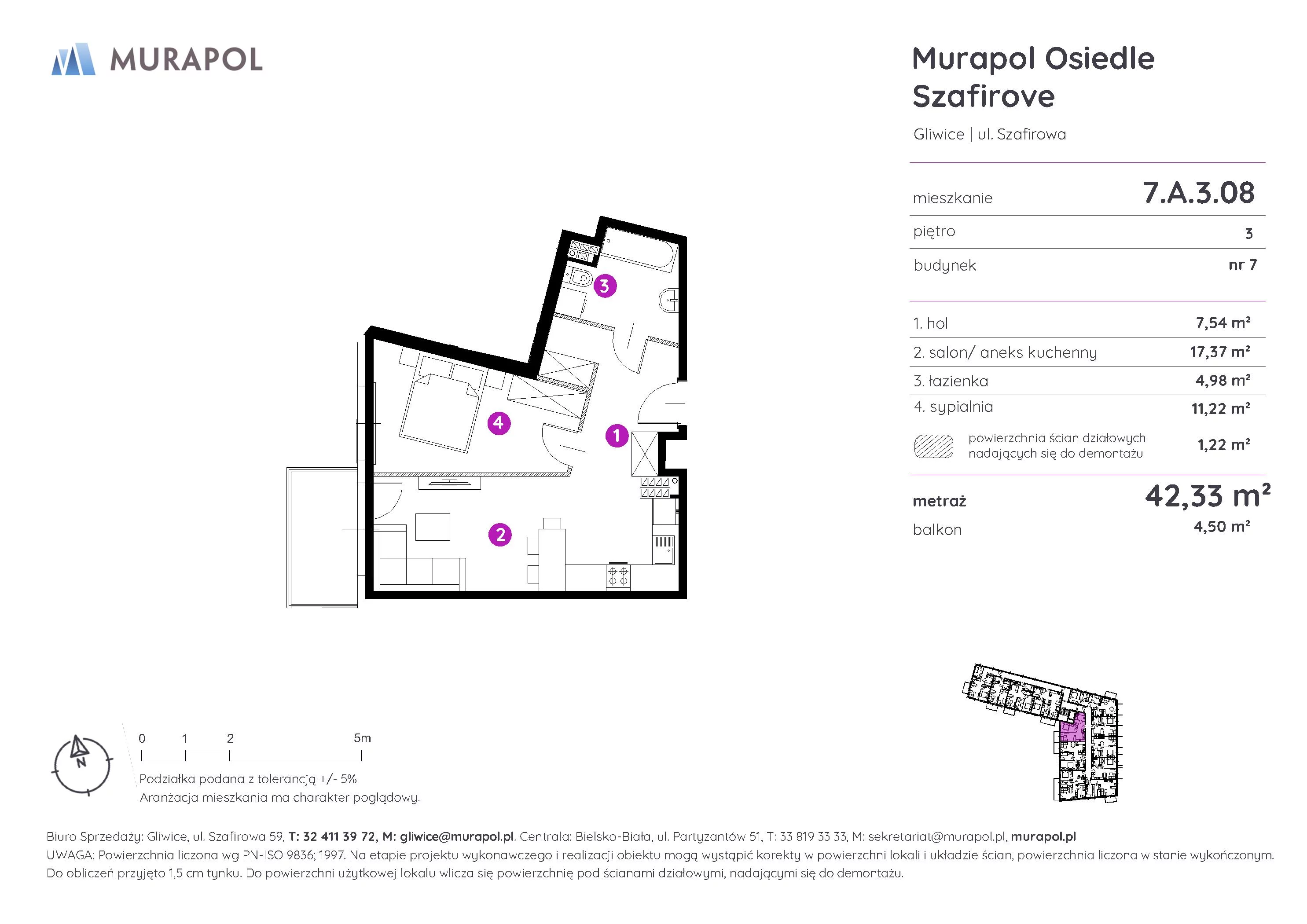 Mieszkanie 42,33 m², piętro 3, oferta nr 7.A.3.08, Murapol Osiedle Szafirove, Gliwice, Stare Gliwice, ul. Szafirowa