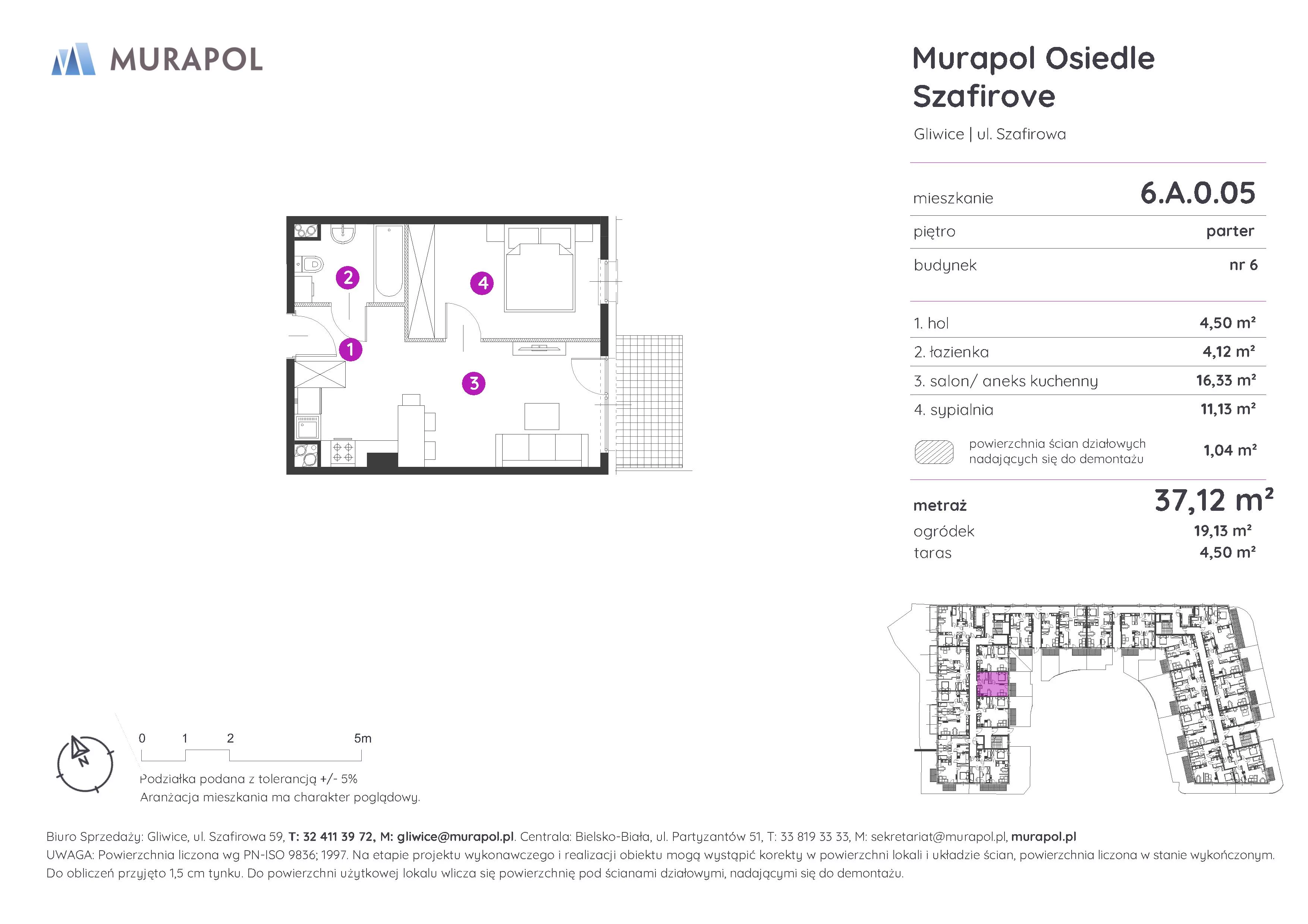 2 pokoje, mieszkanie 37,12 m², parter, oferta nr 6.A.0.05, Murapol Osiedle Szafirove, Gliwice, Stare Gliwice, ul. Szafirowa