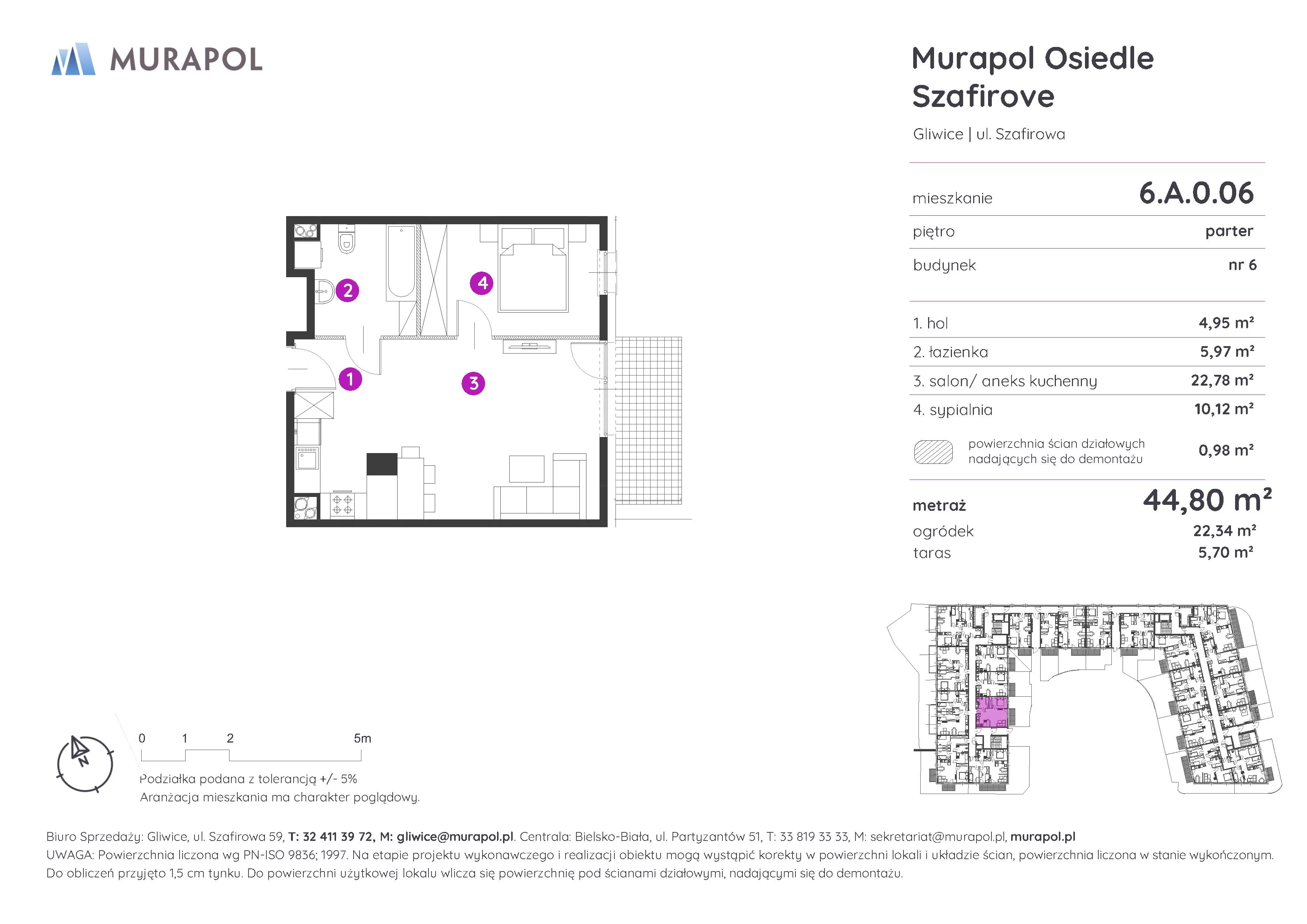 2 pokoje, mieszkanie 44,80 m², parter, oferta nr 6.A.0.06, Murapol Osiedle Szafirove, Gliwice, Stare Gliwice, ul. Szafirowa