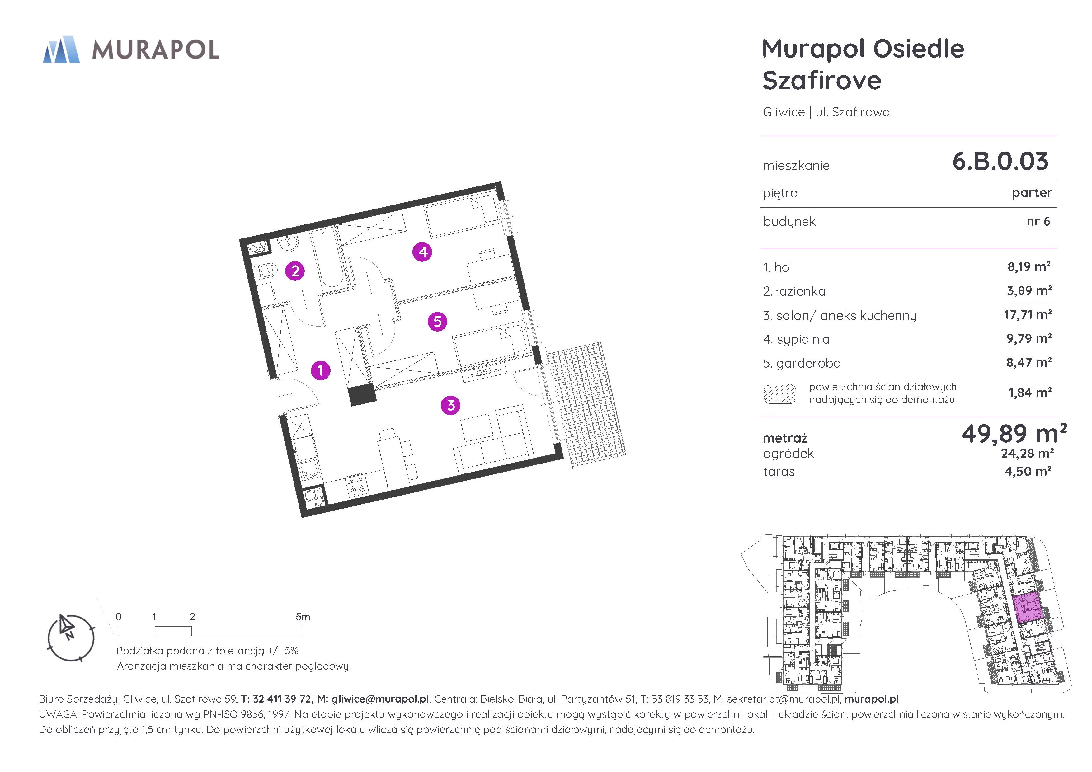 2 pokoje, mieszkanie 49,89 m², parter, oferta nr 6.B.0.03, Murapol Osiedle Szafirove, Gliwice, Stare Gliwice, ul. Szafirowa