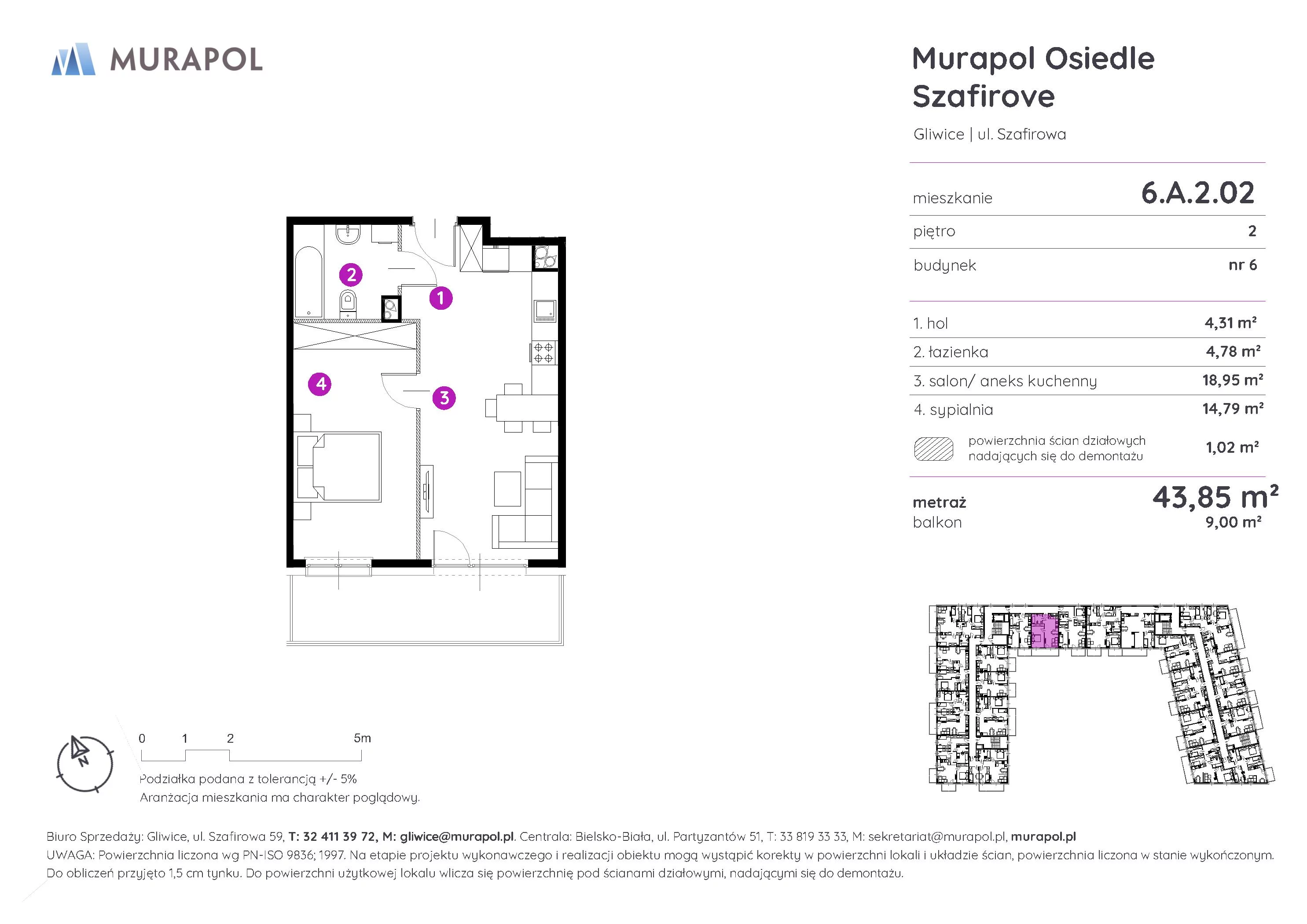 2 pokoje, mieszkanie 43,85 m², piętro 2, oferta nr 6.A.2.02, Murapol Osiedle Szafirove, Gliwice, Stare Gliwice, ul. Szafirowa